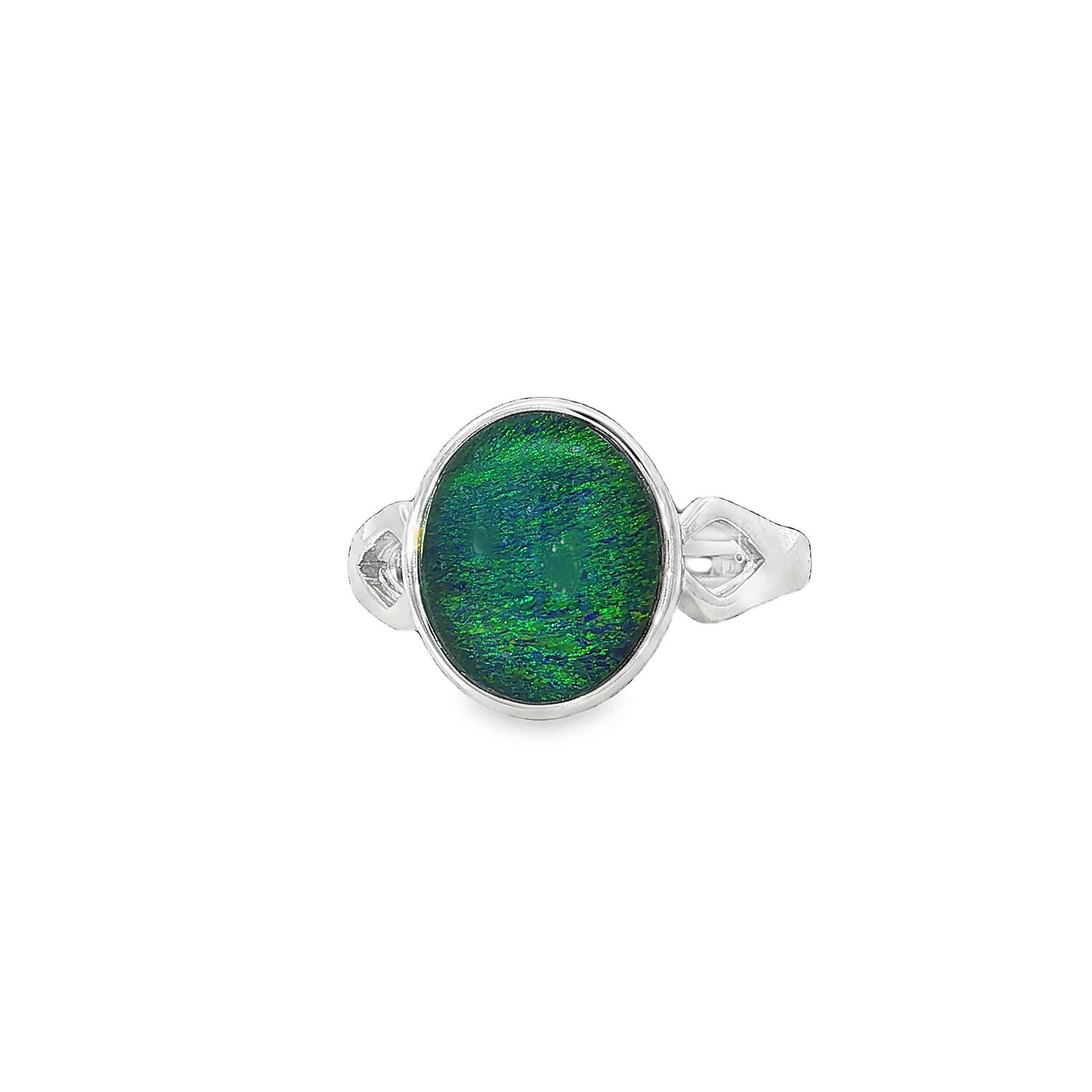12 x 10mm oval Australian opal triplet ring in sterling silver, blue and green