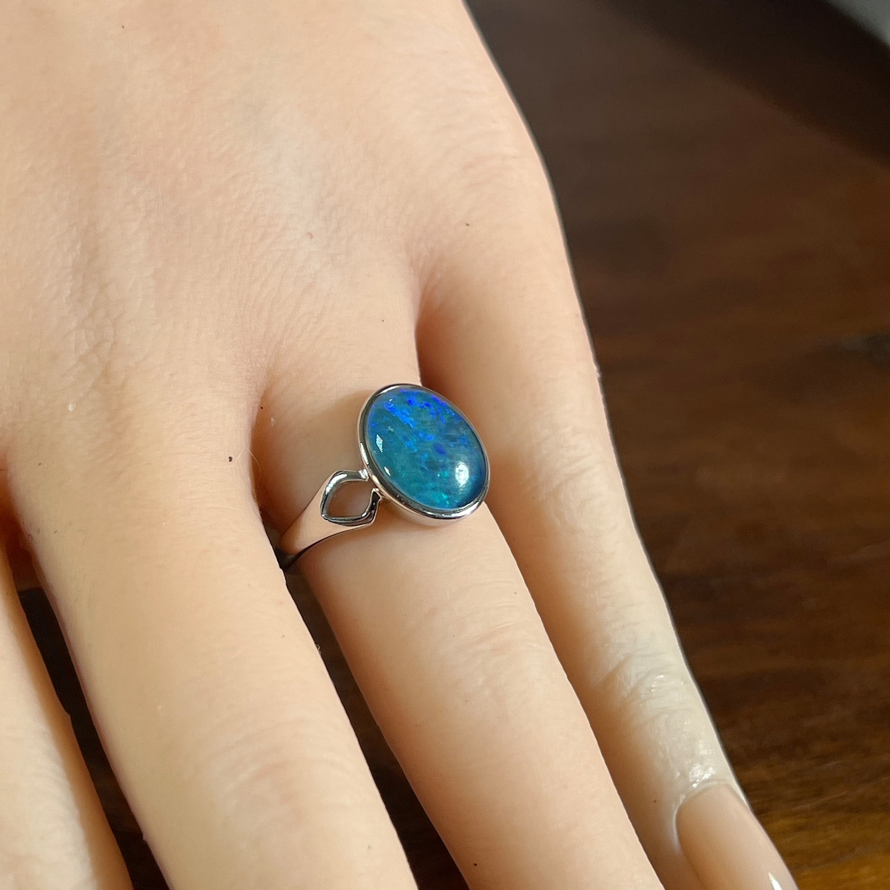Worn Australian opal triplet ring in sterling silver, blue and green, 12 x 10mm