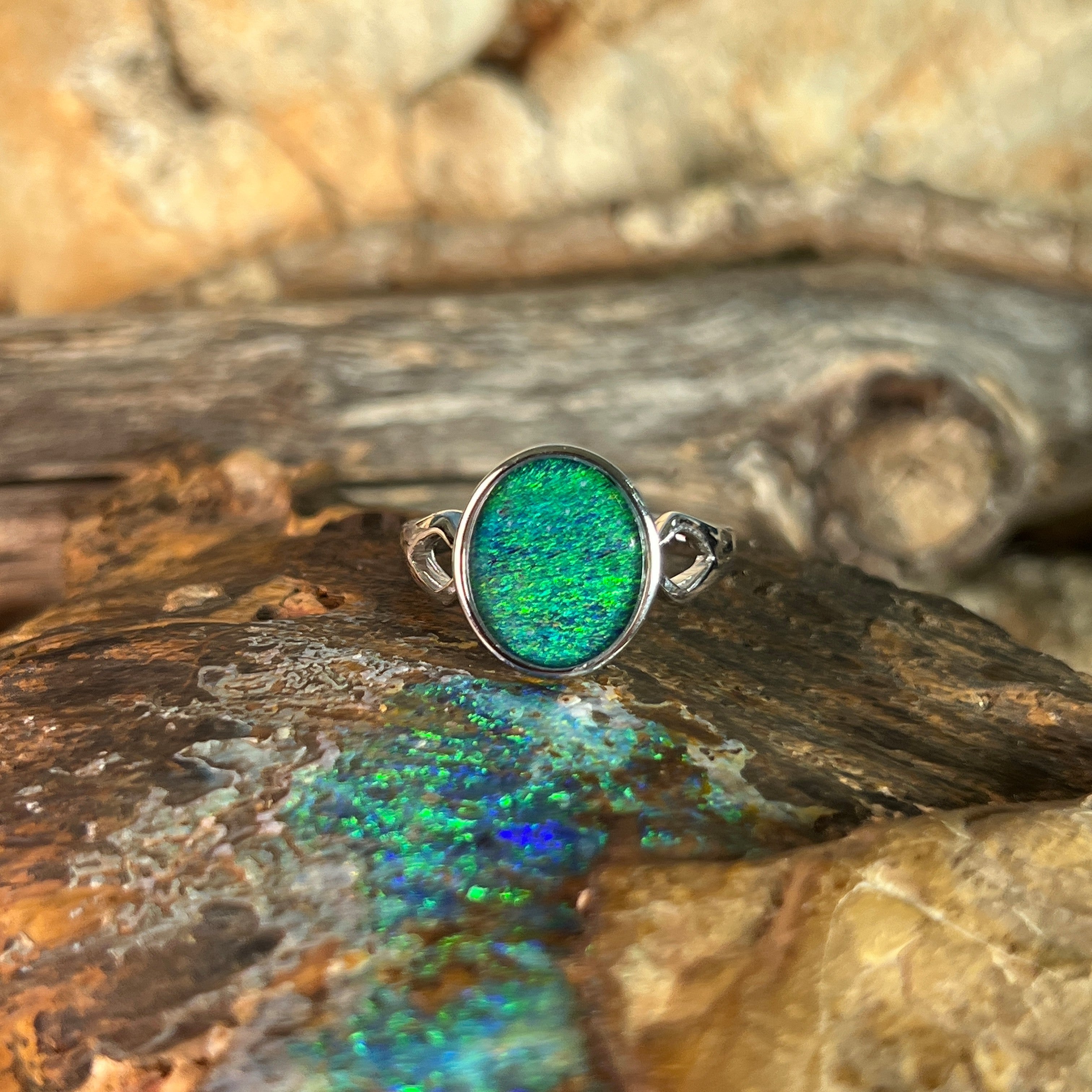 Australian opal triplet ring, sterling silver, 12 x 10mm stone showing blue and green