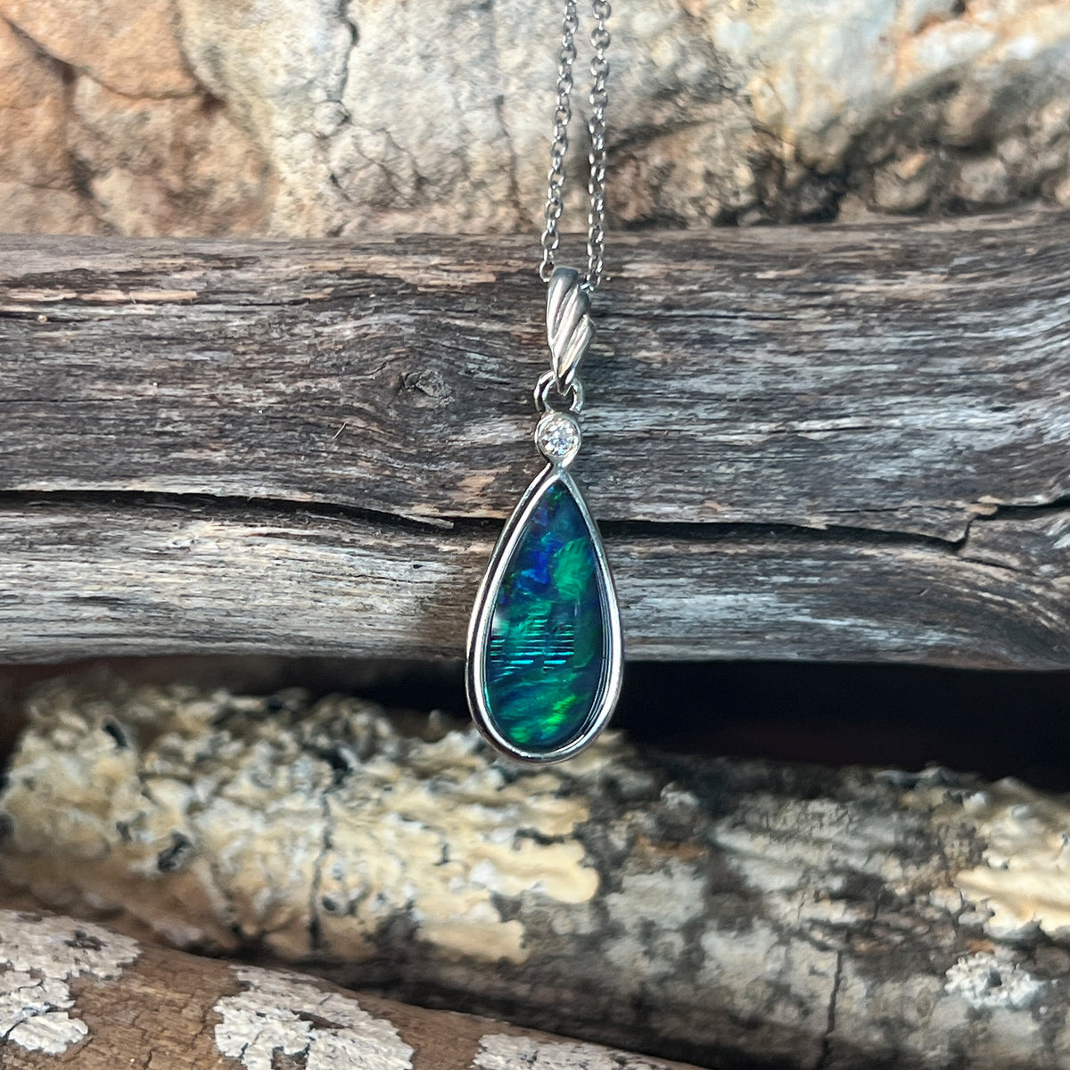 16 x 8mm Australian opal triplet pendant in sterling silver, blue and green