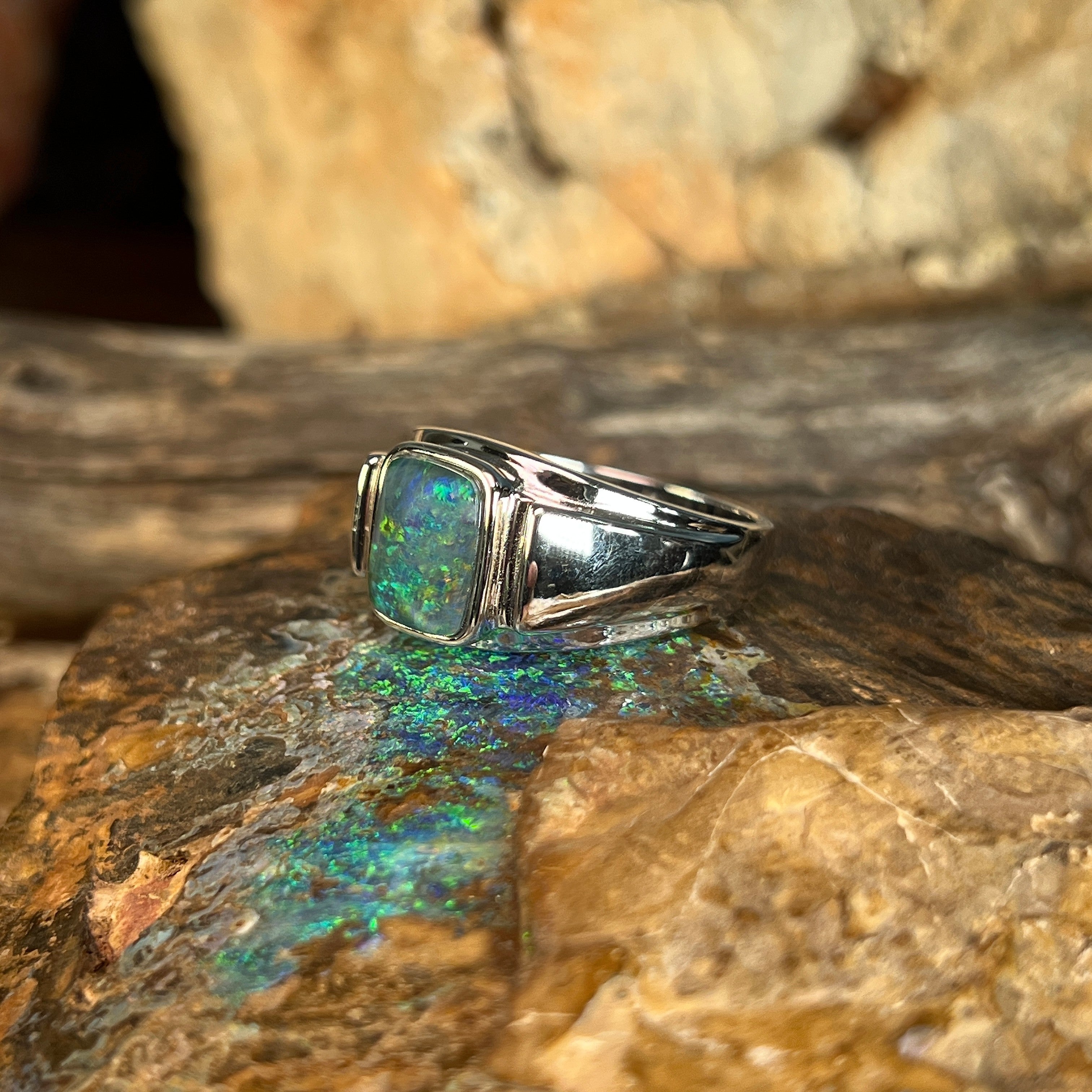 sterling silver Australian opal triplet ring with a 10 x 8mm rectangular stone