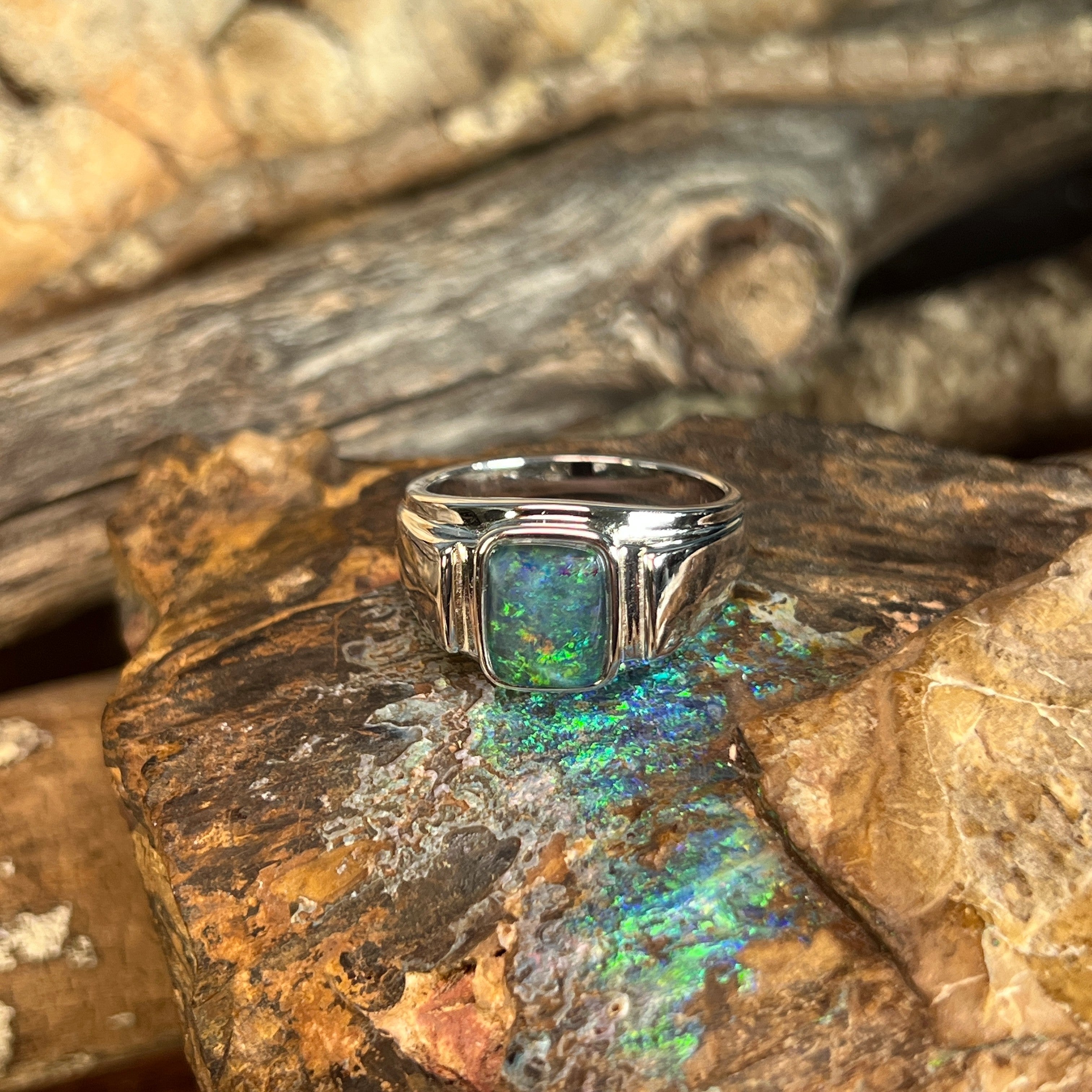 10 x 8mm Australian opal triplet ring in sterling silver, yellow, blue and green