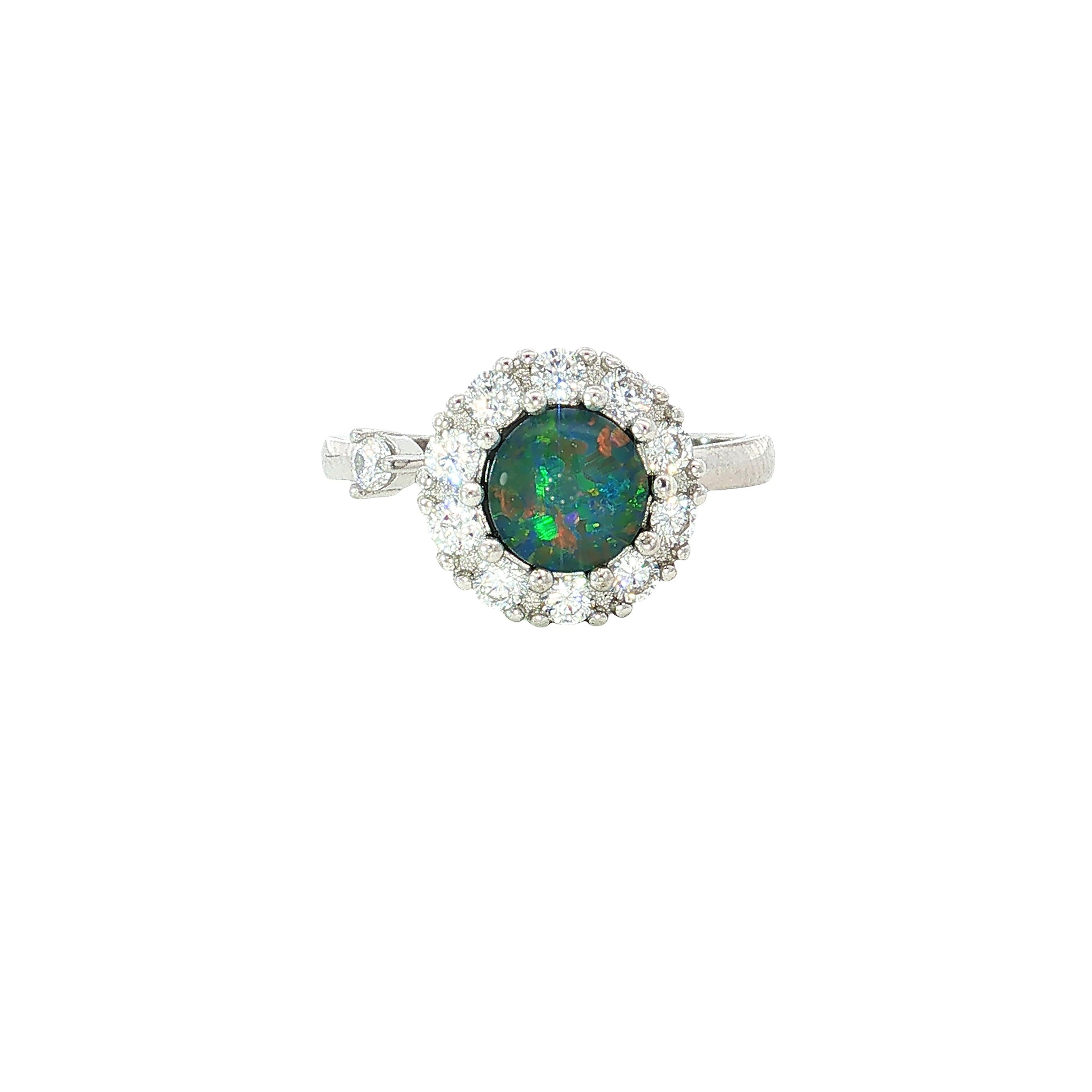 7mm round Australian opal triplet ring in sterling silver