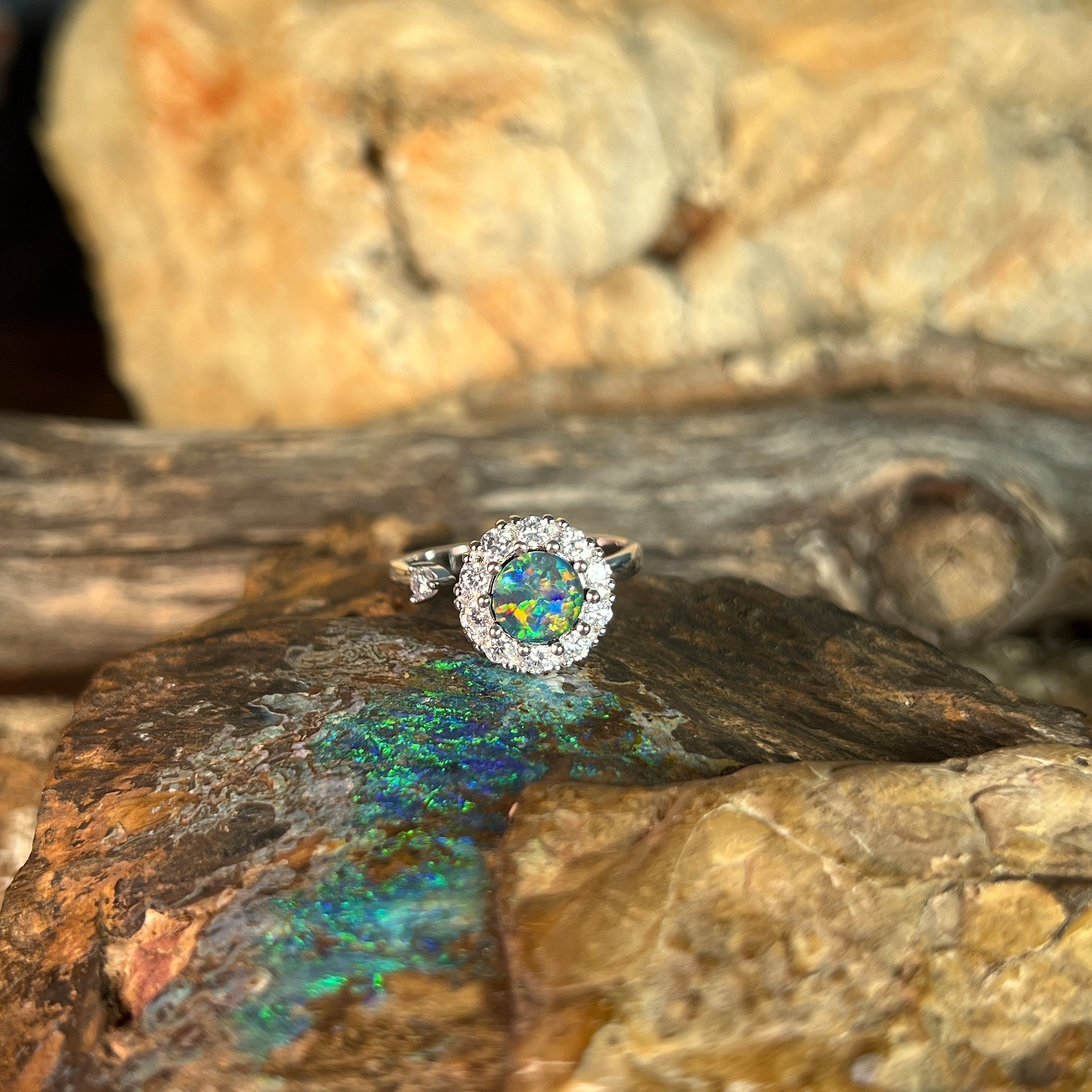 sterling silver Australian opal triplet ring with a 7mm round stone