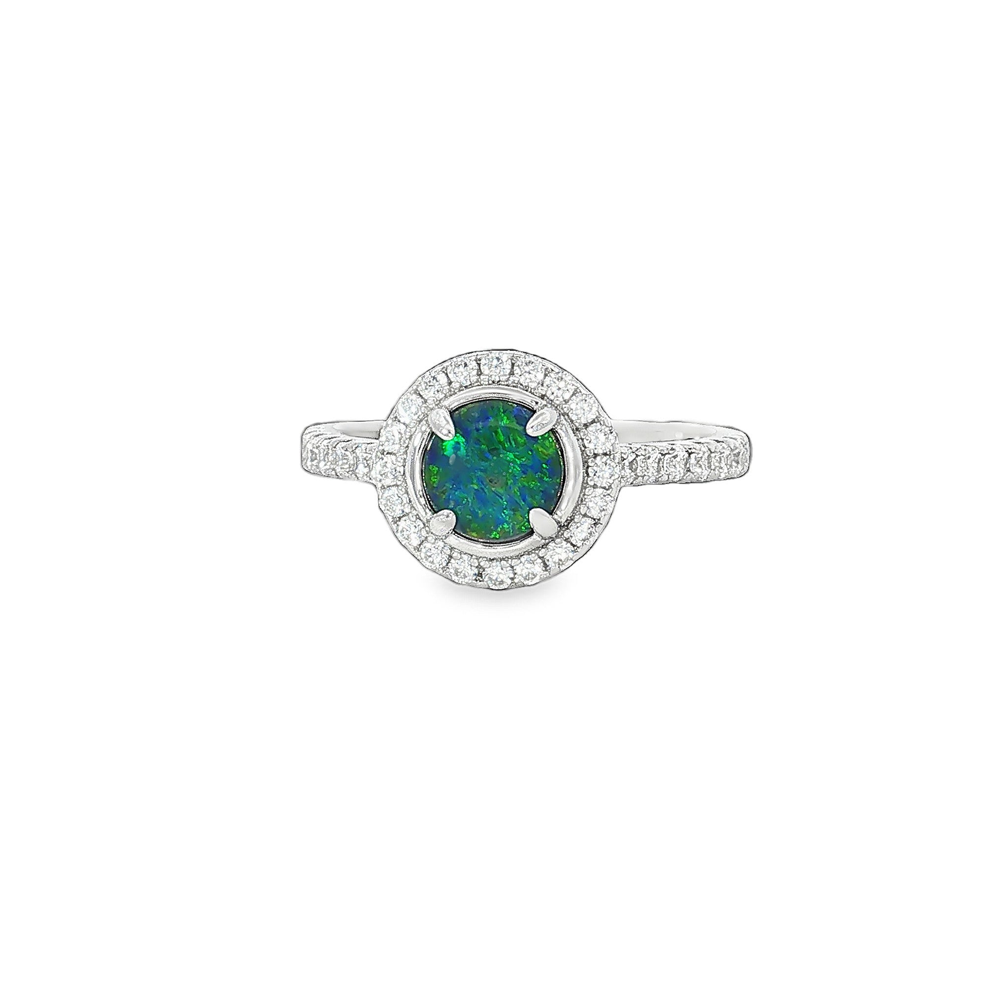 6mm round Australian opal triplet ring in sterling silver
