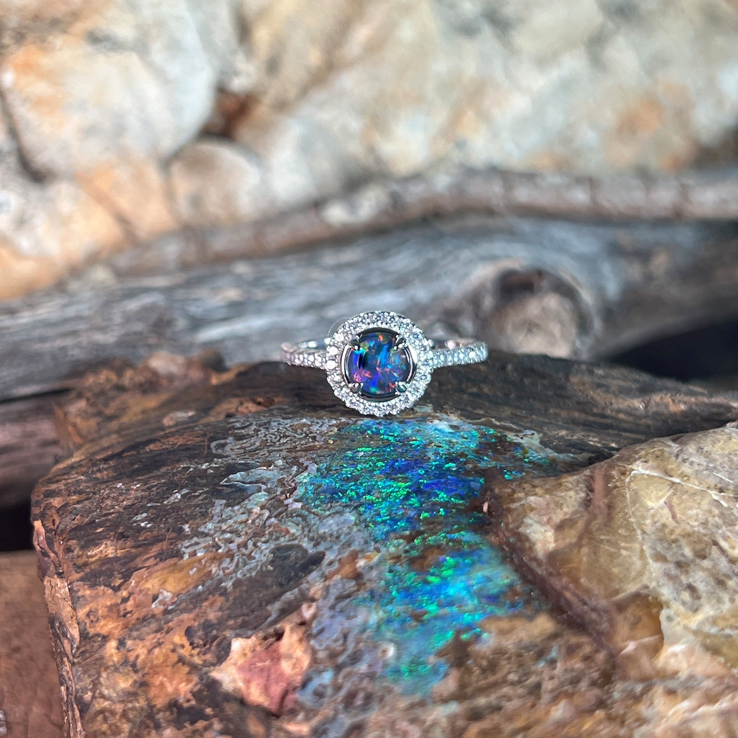 round Australian opal triplet ring in sterling silver, blue and green play-of-colour