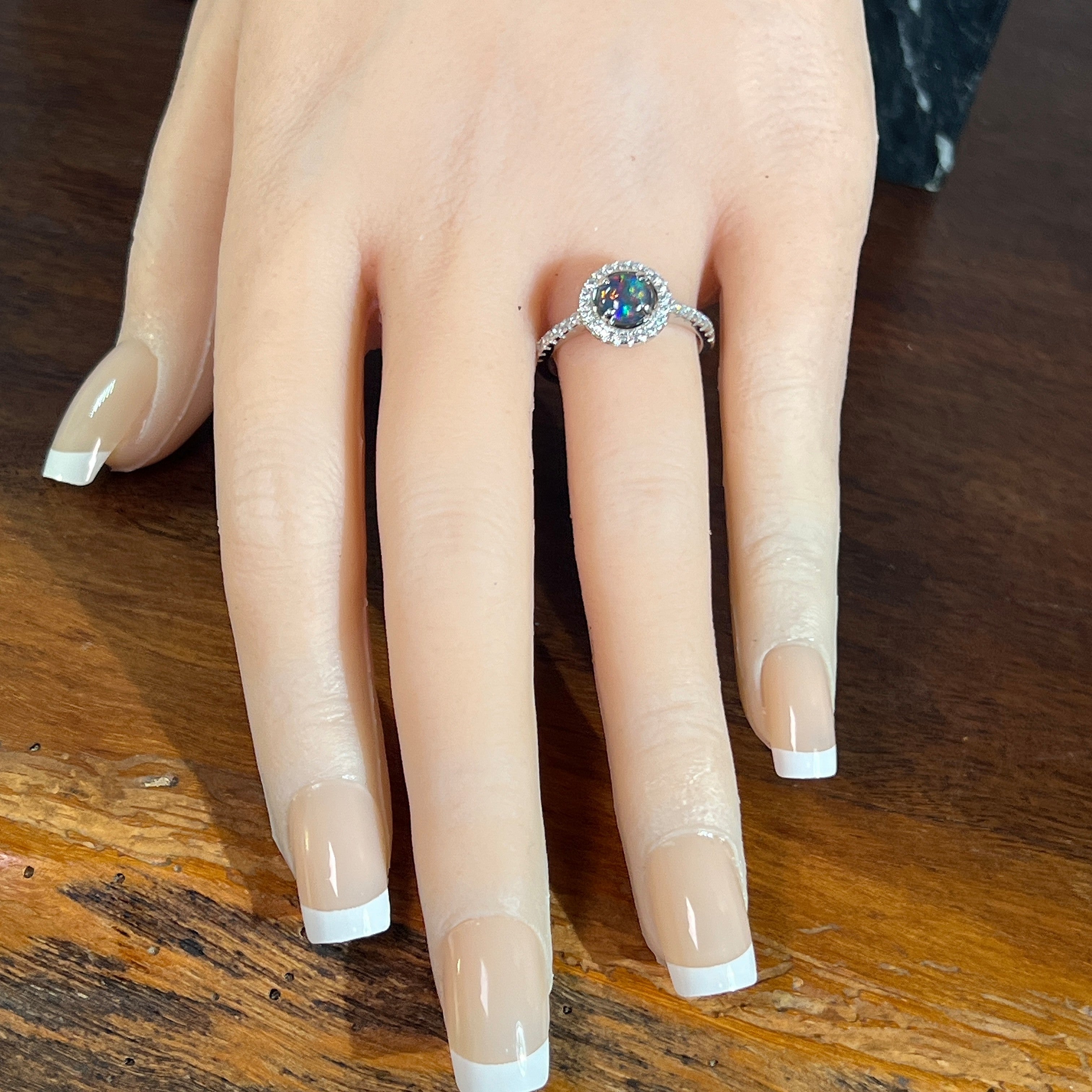 Worn Australian opal triplet ring in sterling silver, blue and green, 6mm