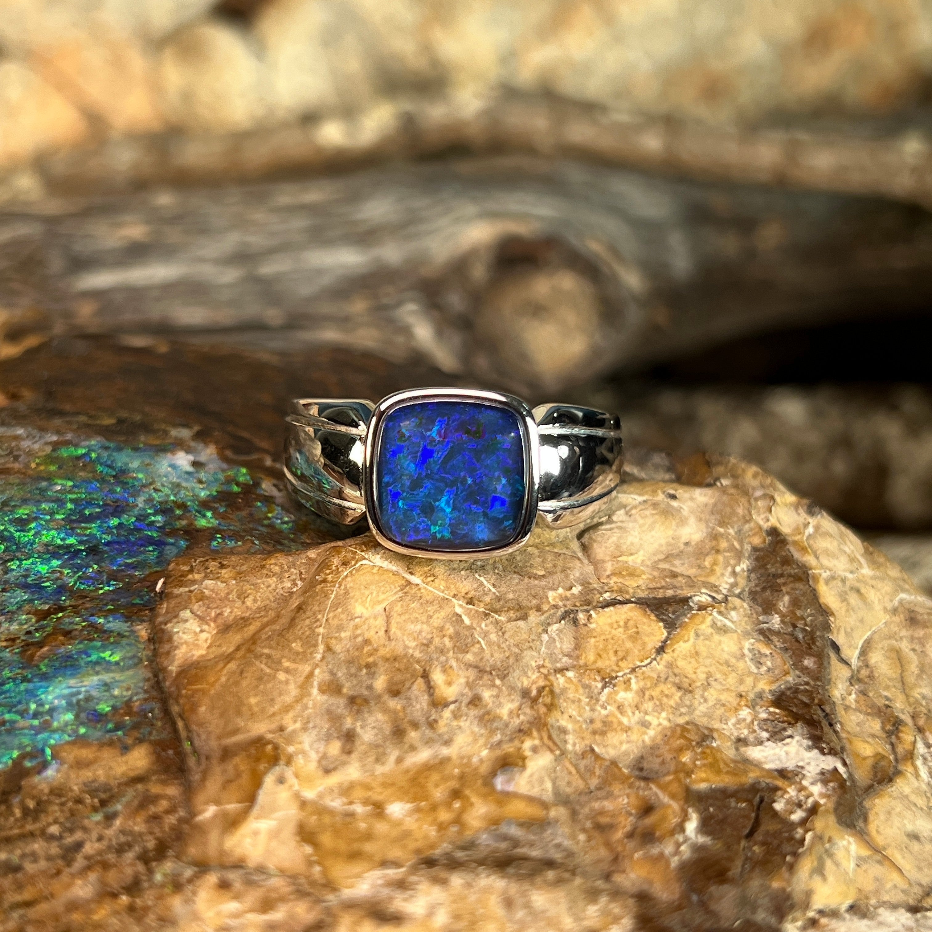 square Australian opal triplet ring in sterling silver, blue play-of-colour
