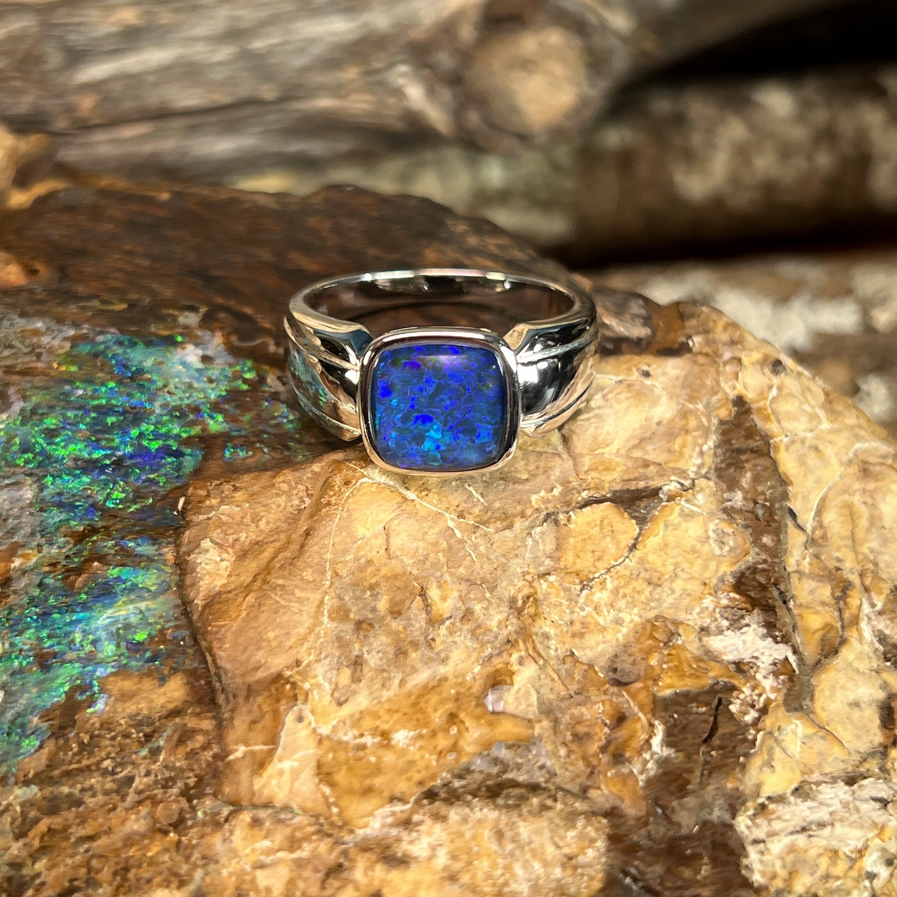 Australian opal triplet ring in sterling silver, square stone, ring size US 11