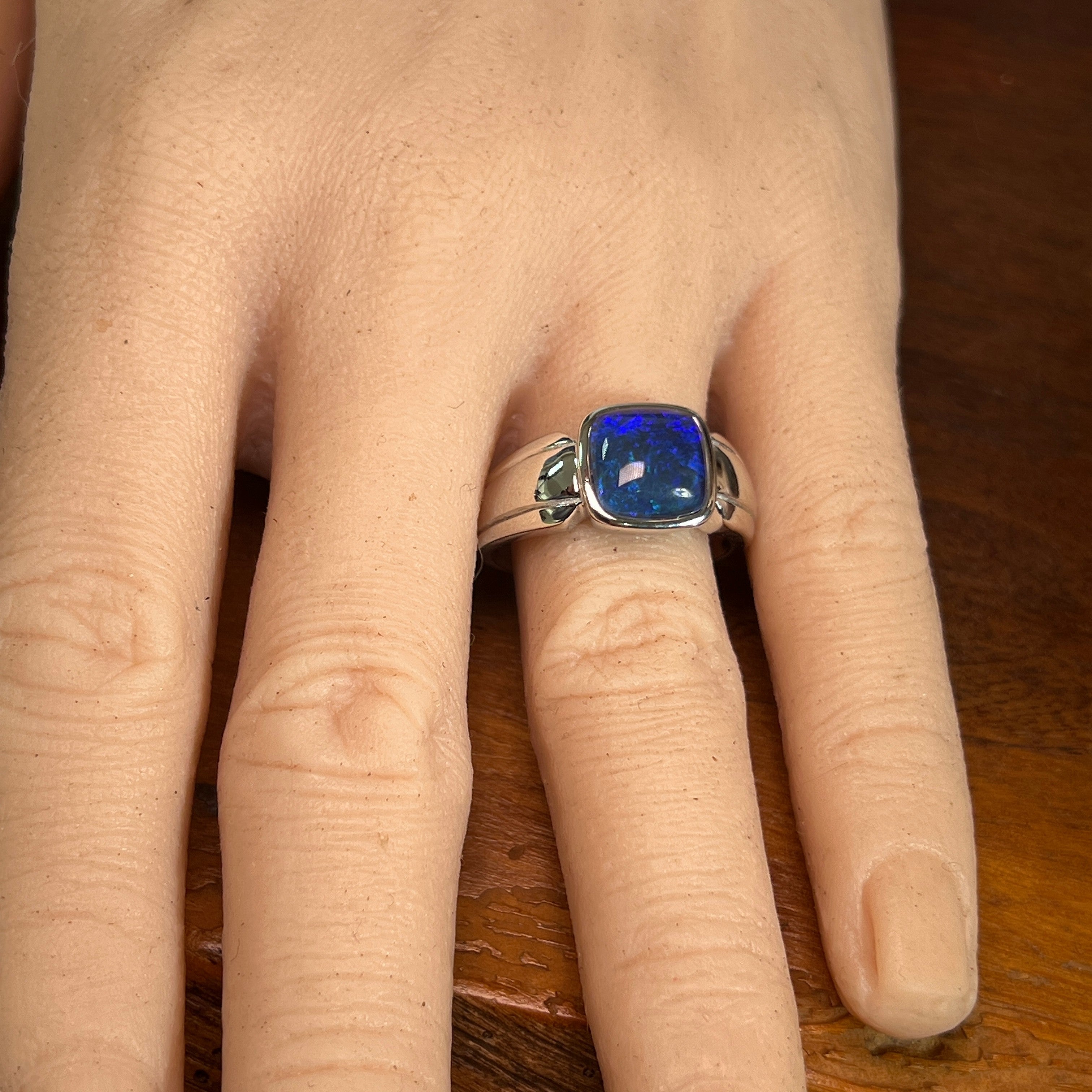 Australian opal triplet ring in sterling silver worn, square stone, size US 11