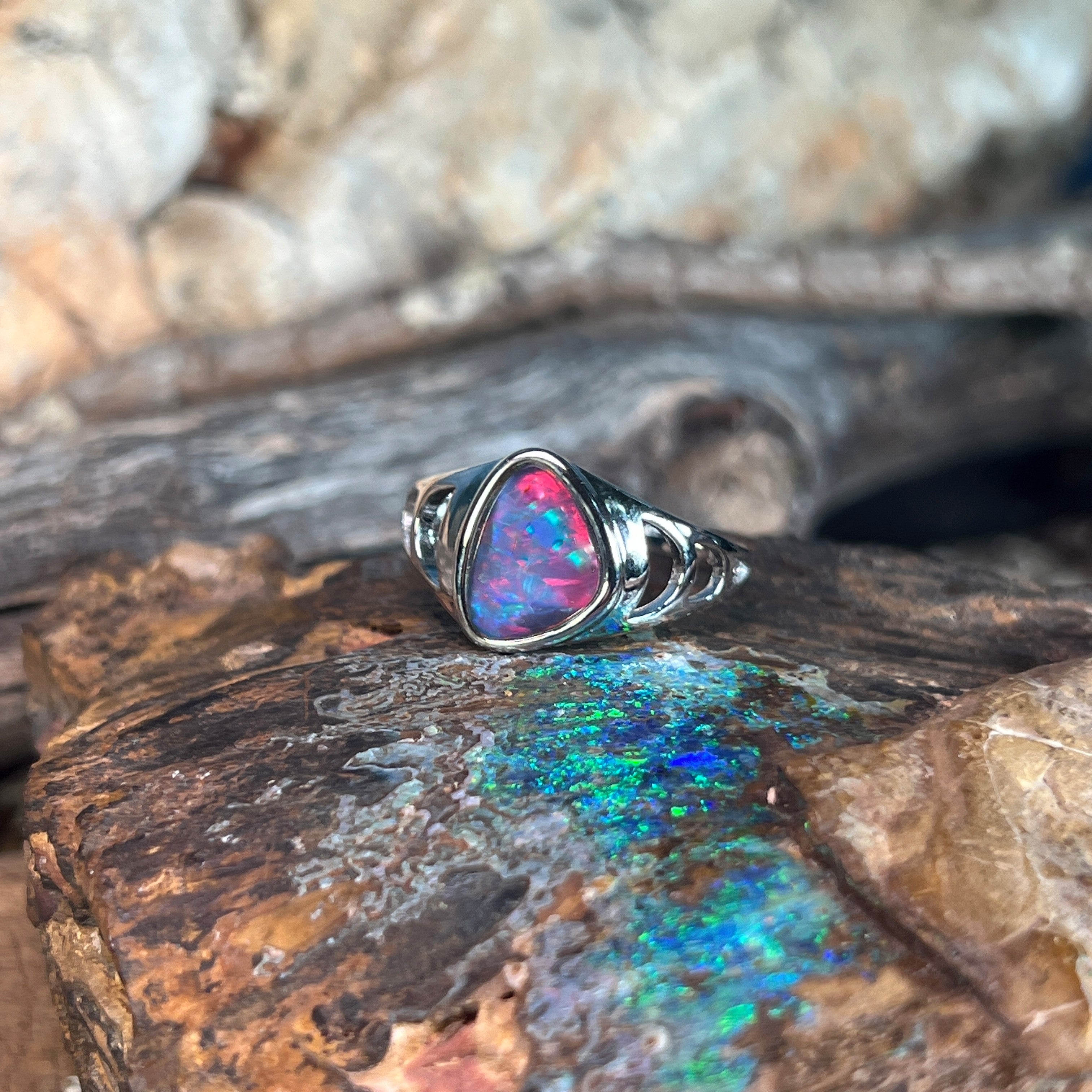 sterling silver Australian opal triplet ring with a 12 x 9mm triangular stone