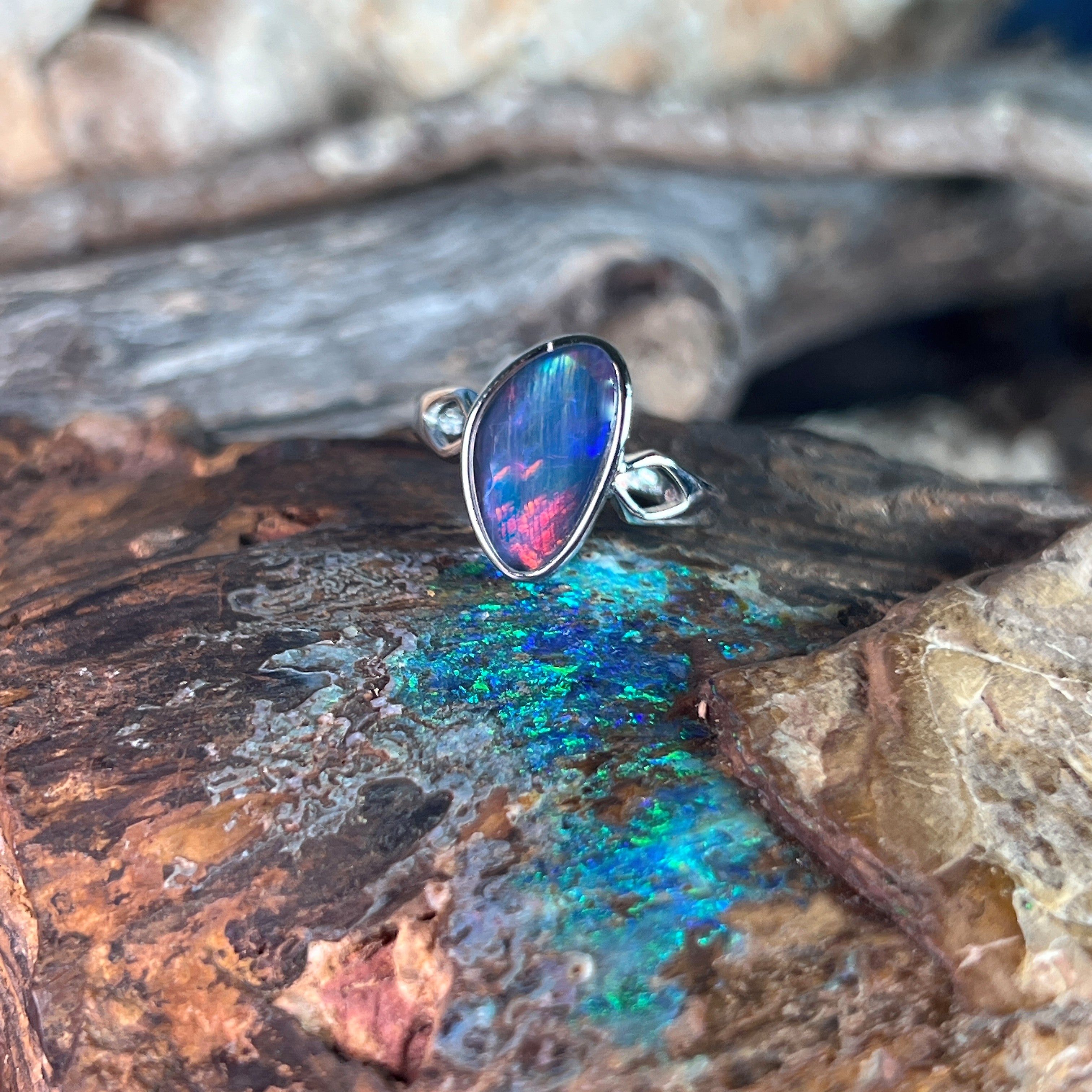 Australian opal triplet ring in sterling silver, triangular stone, ring size US 6.5