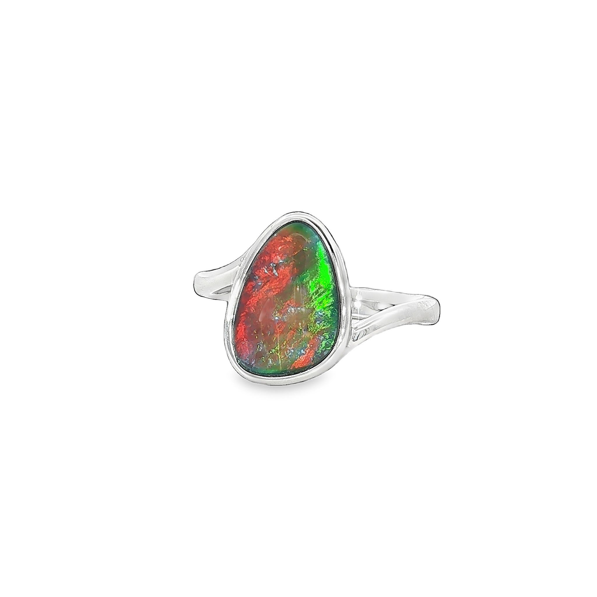 12 x 9mm triangular Australian opal triplet ring in sterling silver, red, yellow, blue and green