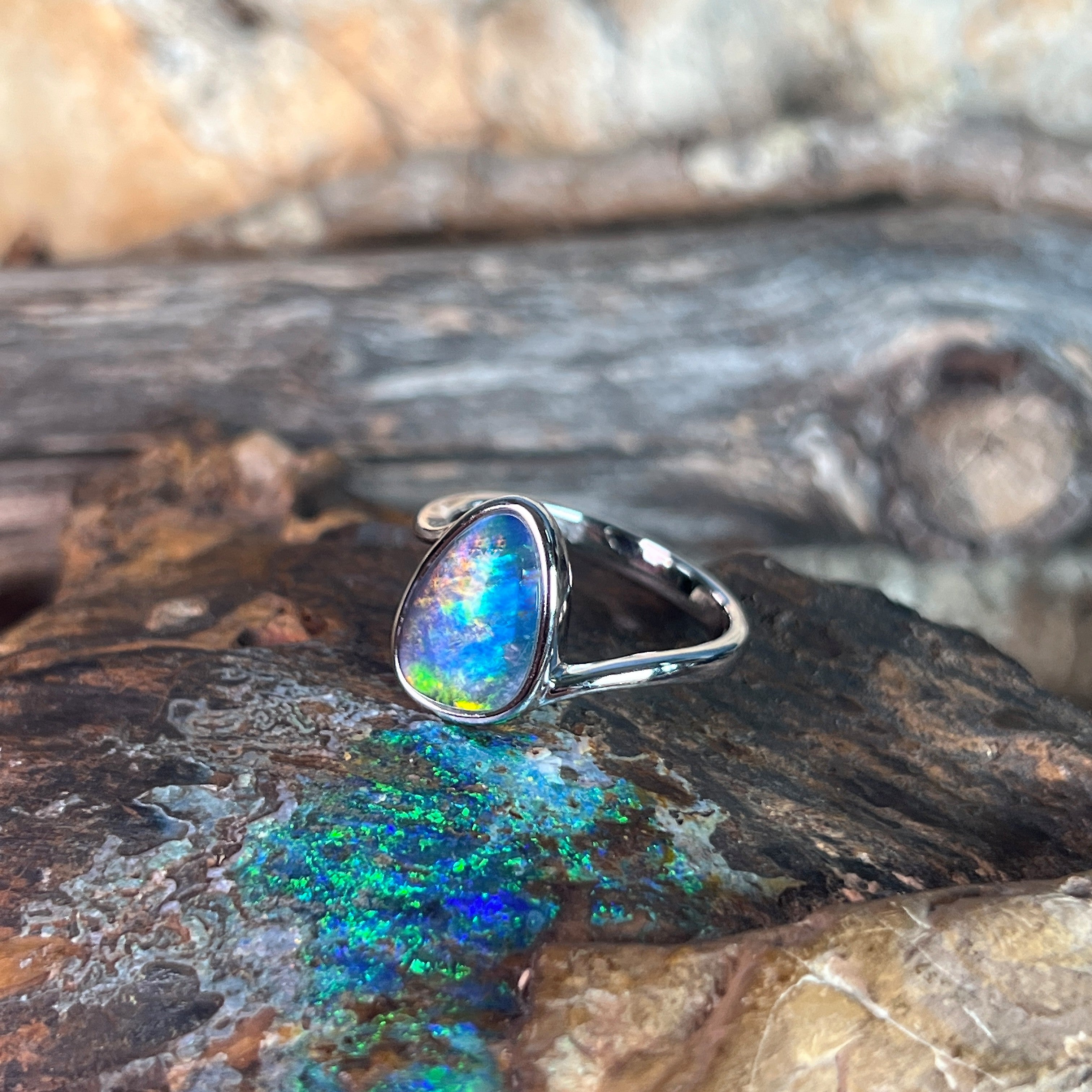 12 x 9mm Australian opal triplet ring in sterling silver, red, yellow, blue and green