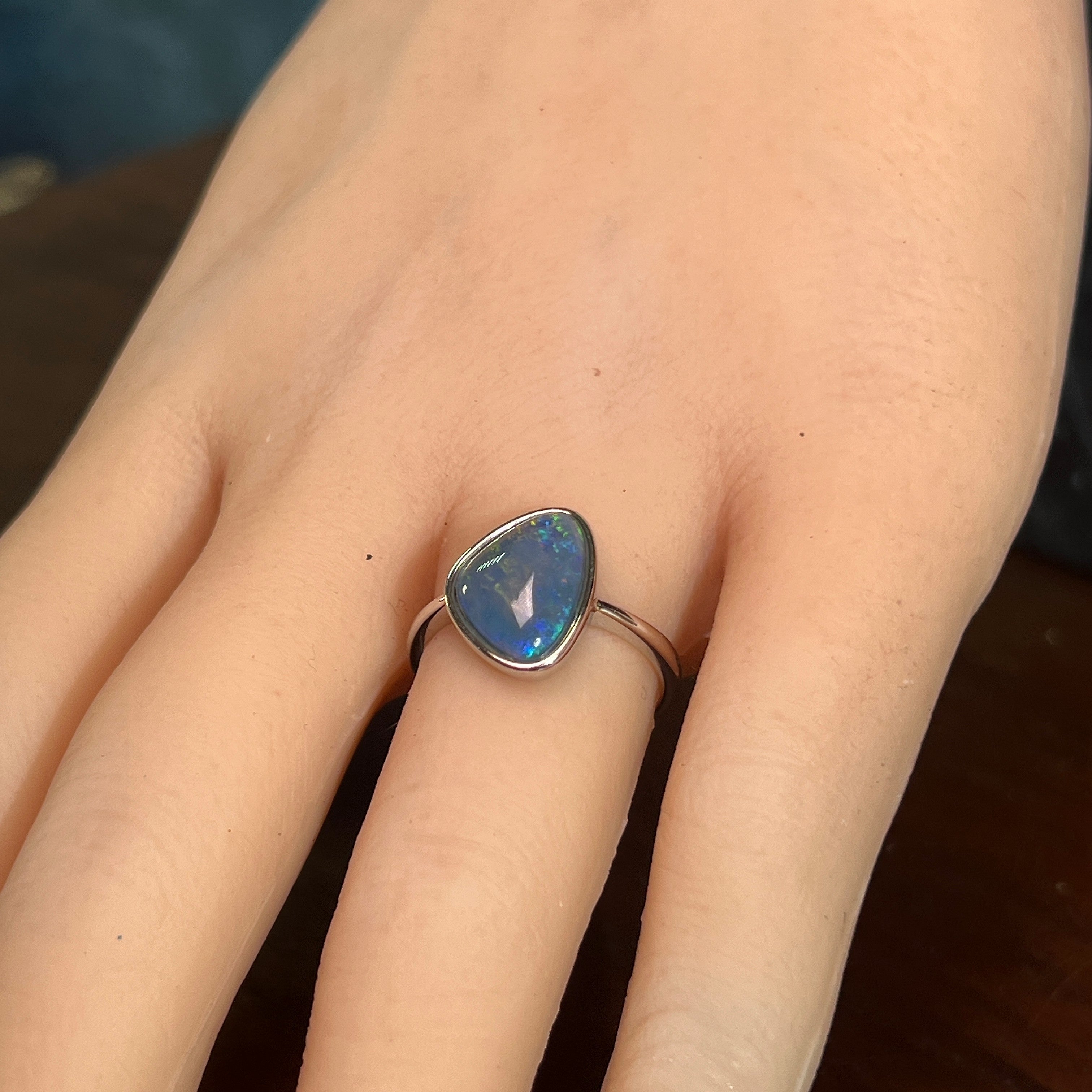 Australian opal triplet ring worn on the hand, sterling silver, ring size US 7