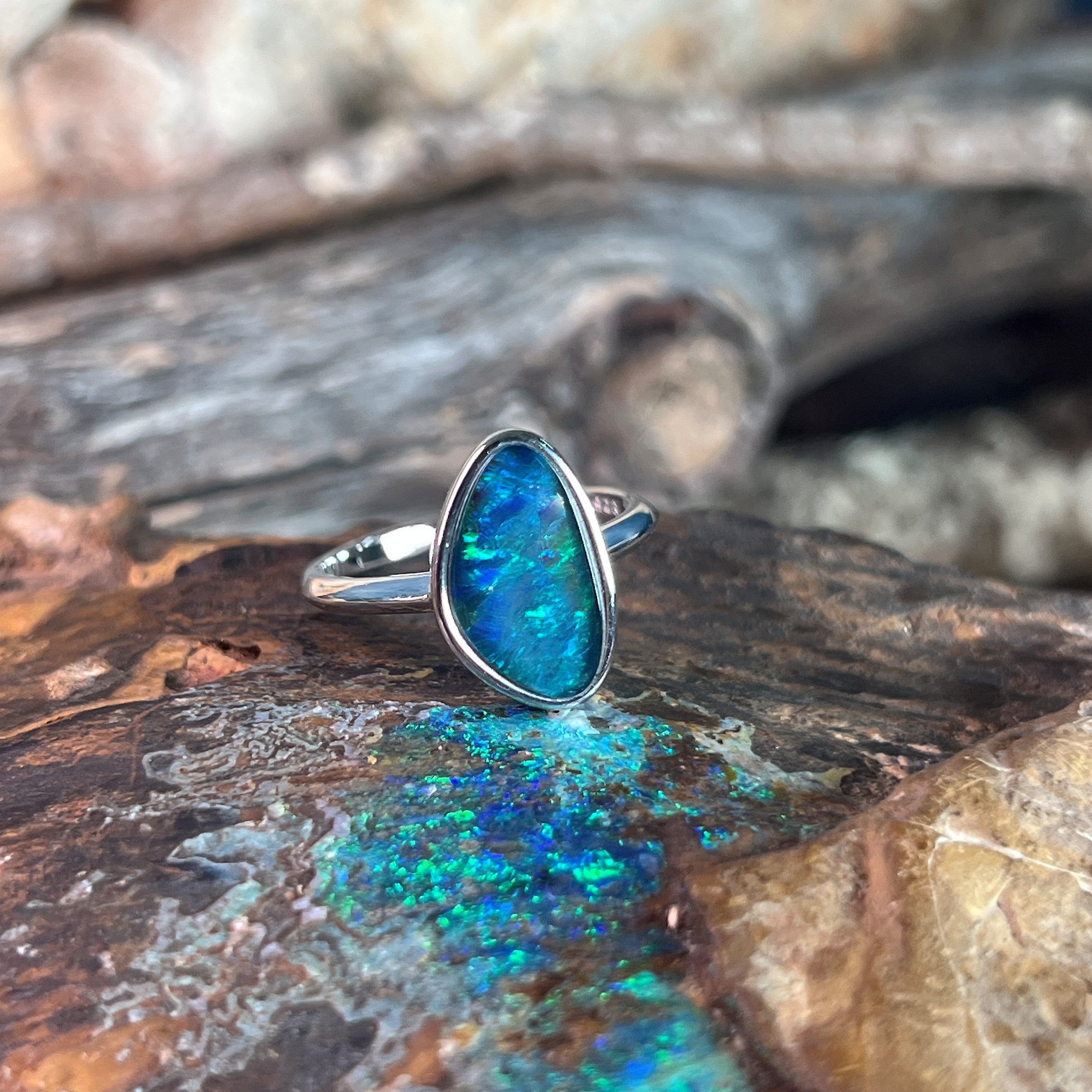 sterling silver Australian opal triplet ring with a 14 x 8.5mm triangular stone