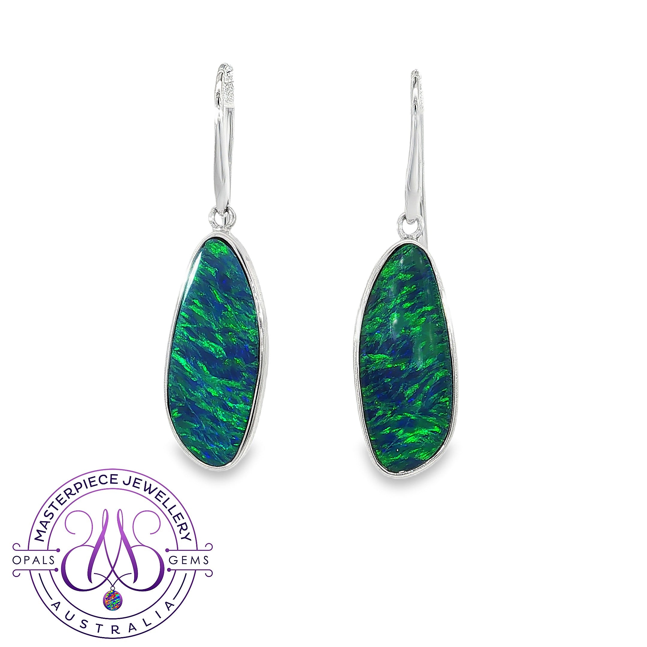 White gold freeform opal doublet drop earrings with vivid green and blue play-of-colour