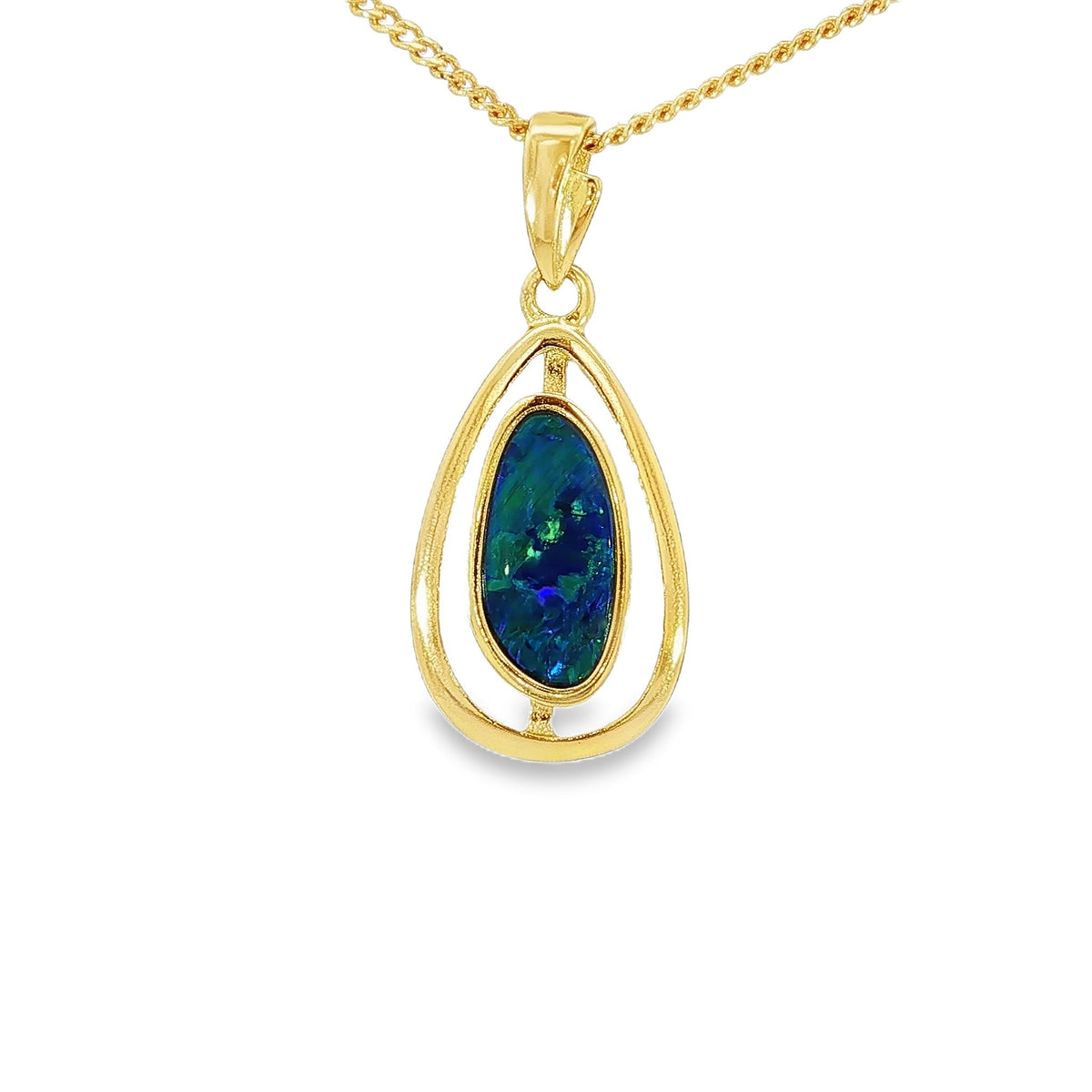 11.5 x 5.5mm freeform Australian opal doublet pendant in yellow gold-plated silver
