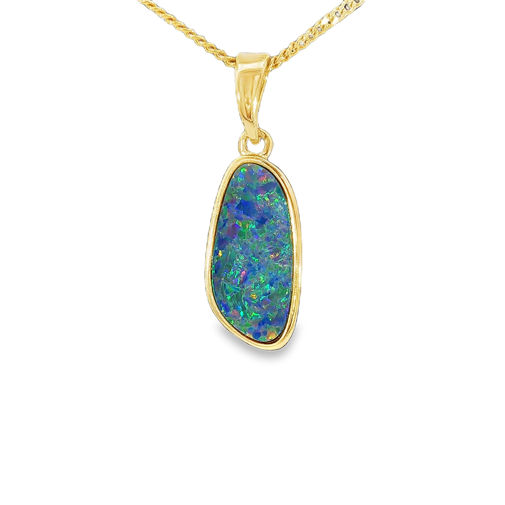 15 x 7mm freeform Australian opal doublet pendant in yellow gold-plated silver
