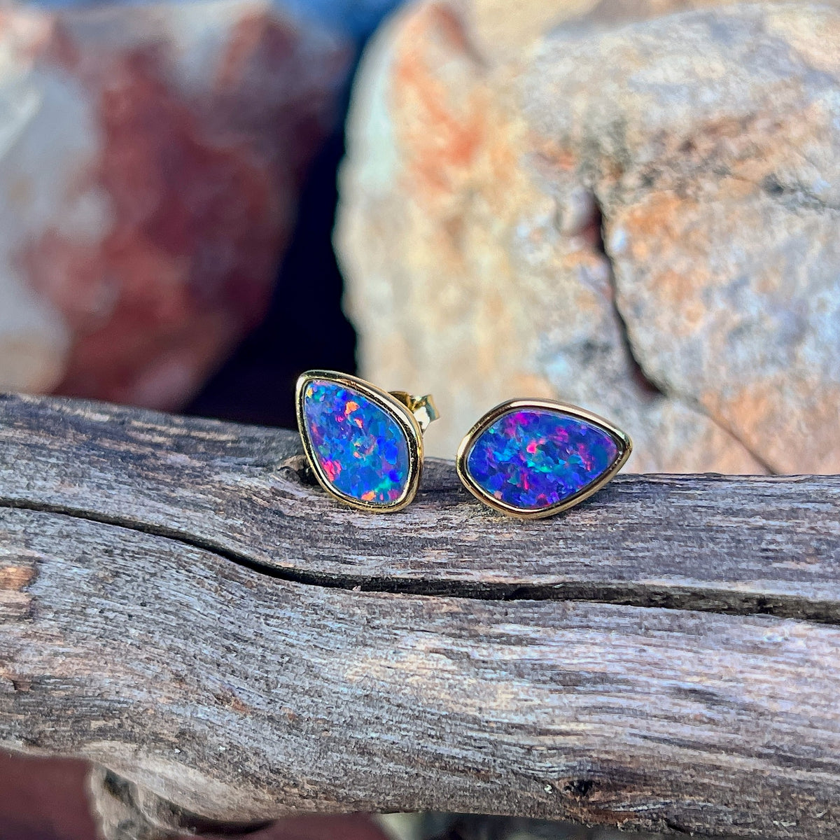 red, blue and green play-of-colour in 11 x 7.5mm freeform Australian opal doublet earrings