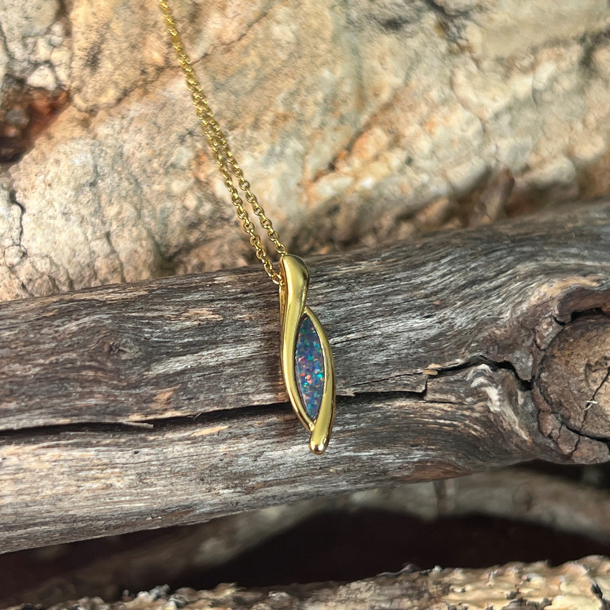 yellow gold-plated silver Australian opal doublet pendant with a 12 x 4mm marquise stone