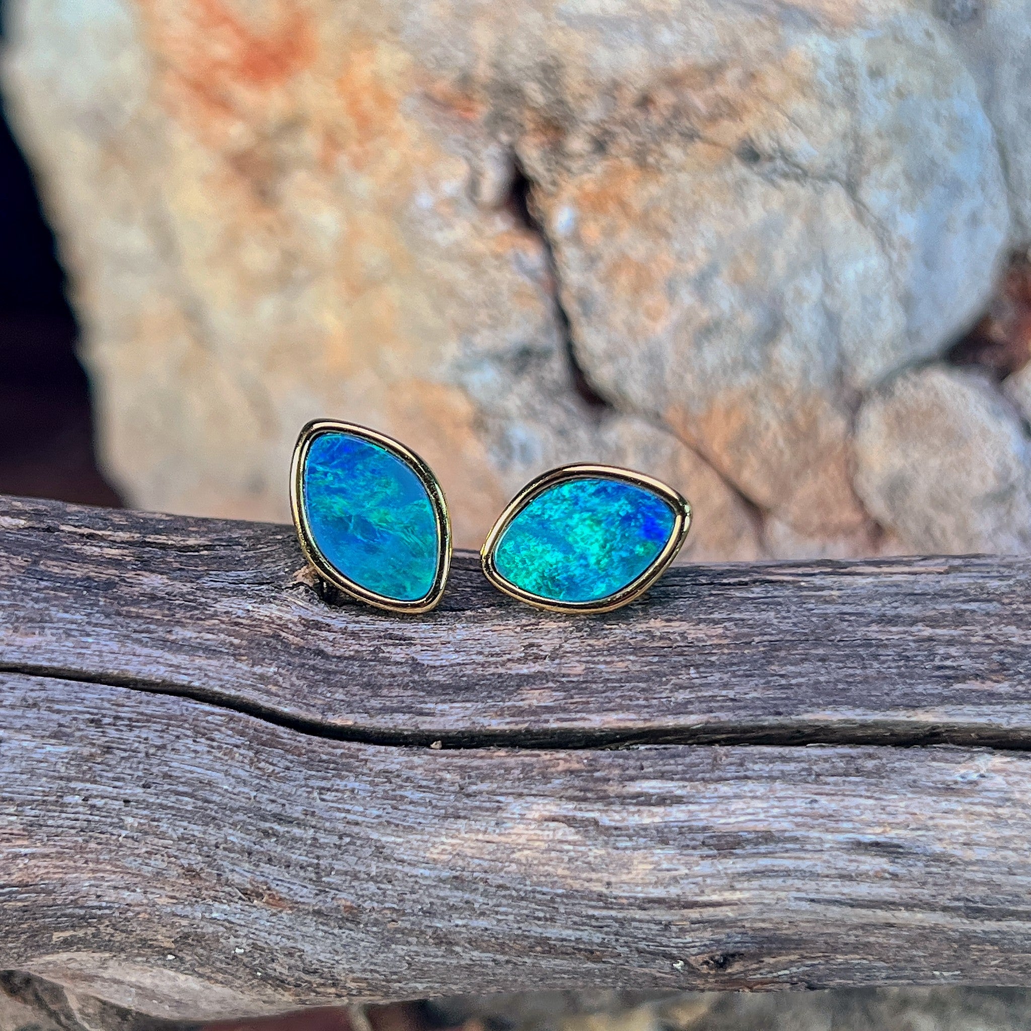 marquise Australian opal doublet earrings in yellow gold-plated silver, blue and green play-of-colour