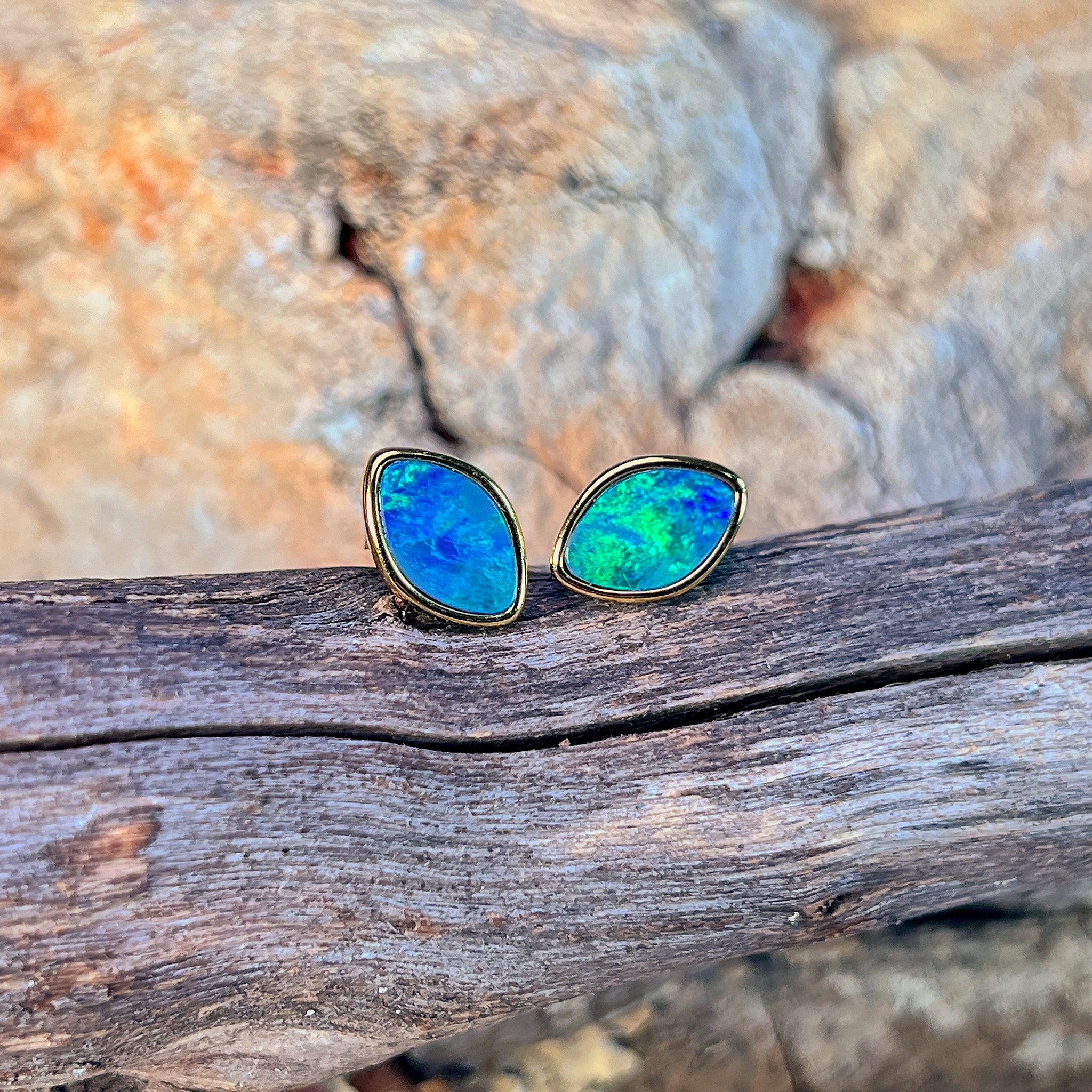 blue and green play-of-colour in 11.5 x 7.5mm marquise Australian opal doublet earrings