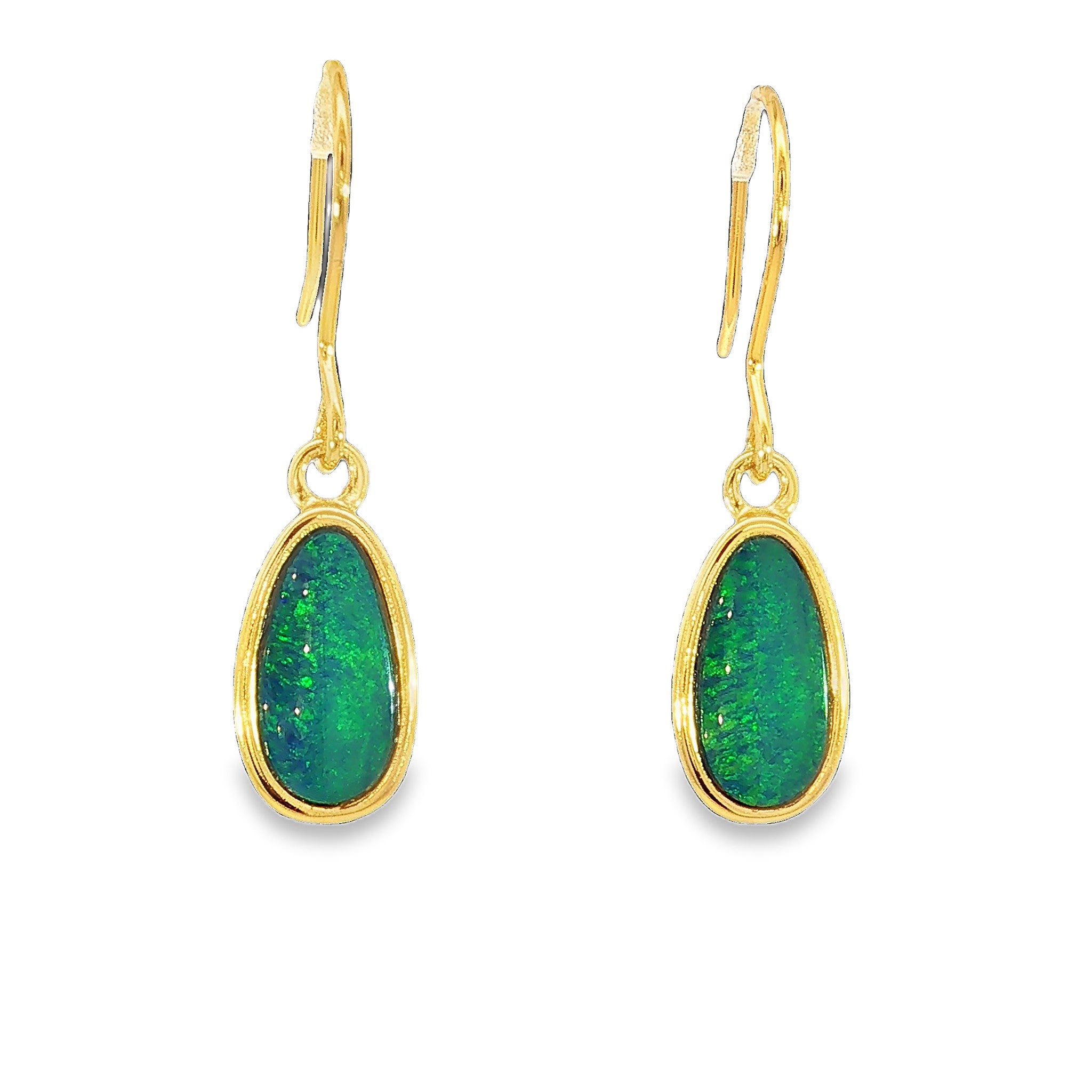 11 x 6mm oval Australian opal doublet earrings in yellow gold-plated silver