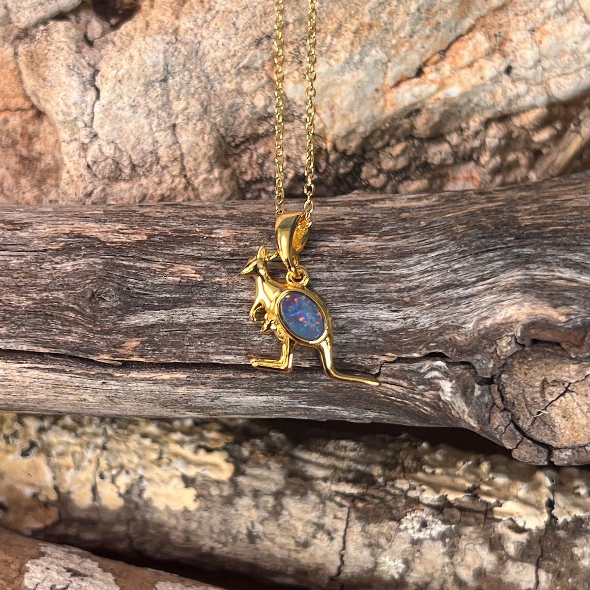6 x 4mm Australian opal doublet pendant in yellow gold-plated silver, red, blue and yellow