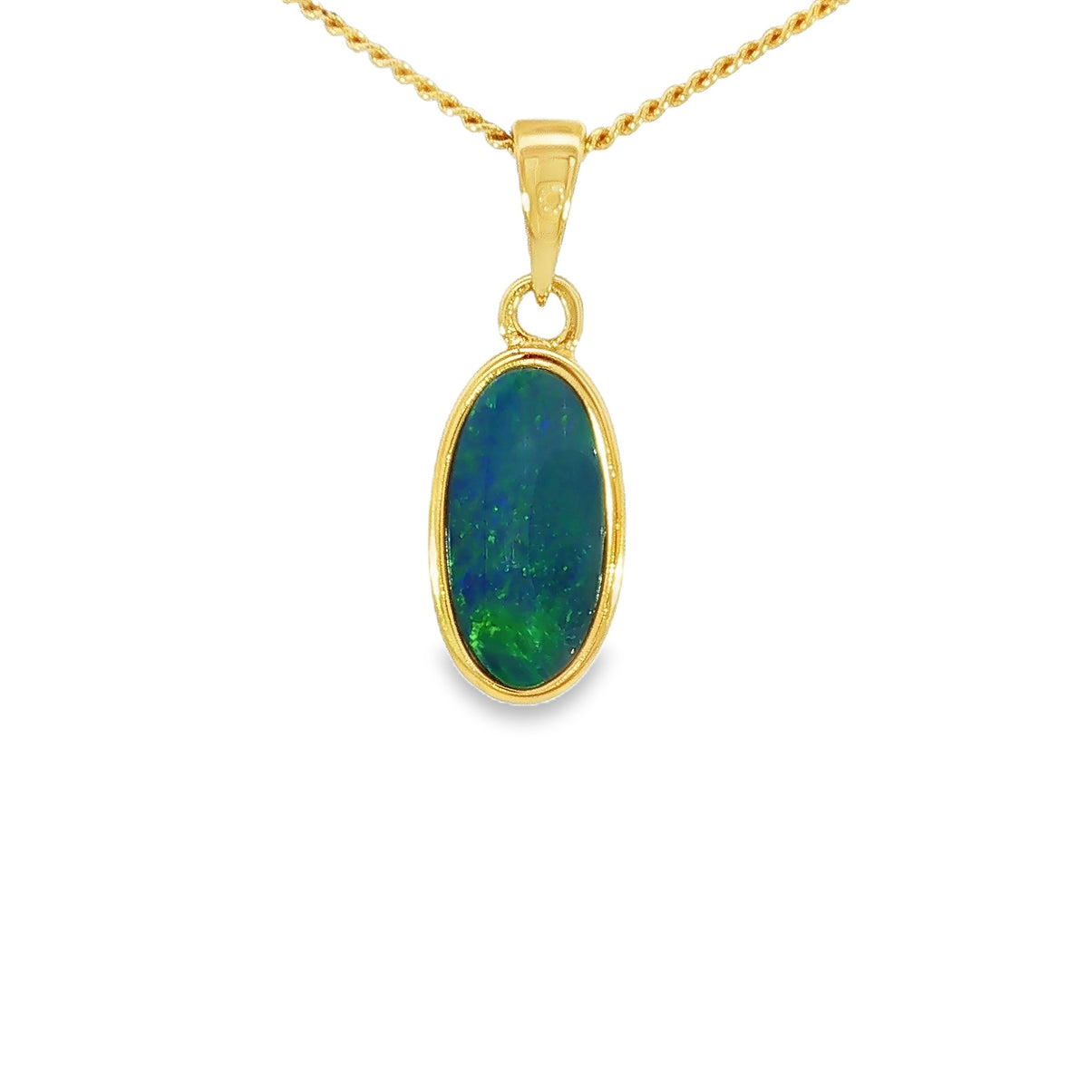 12 x 6mm oval Australian opal doublet pendant in yellow gold-plated silver