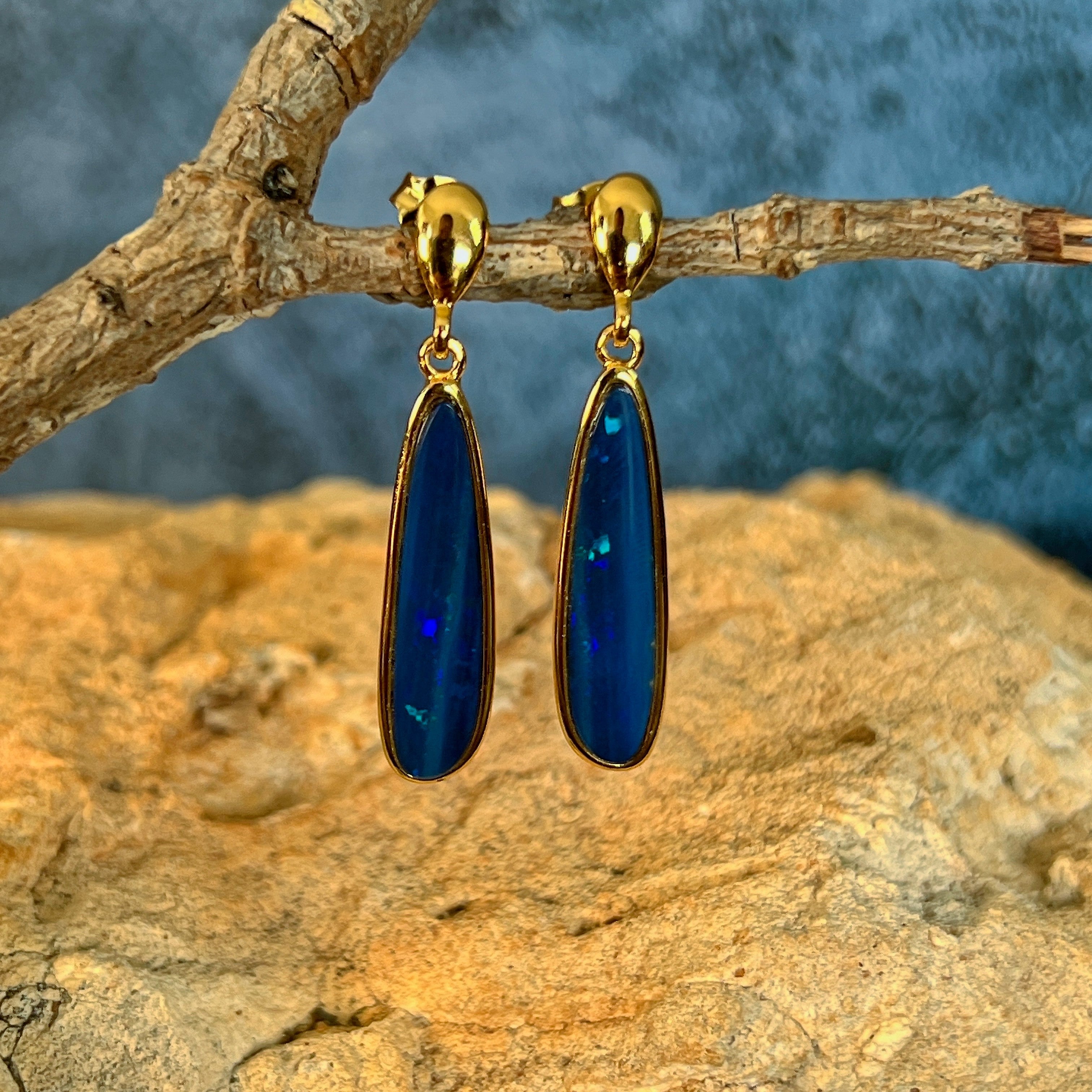 yellow gold-plated silver Australian opal doublet earrings with 22 x 5.5mm pear-shaped stones