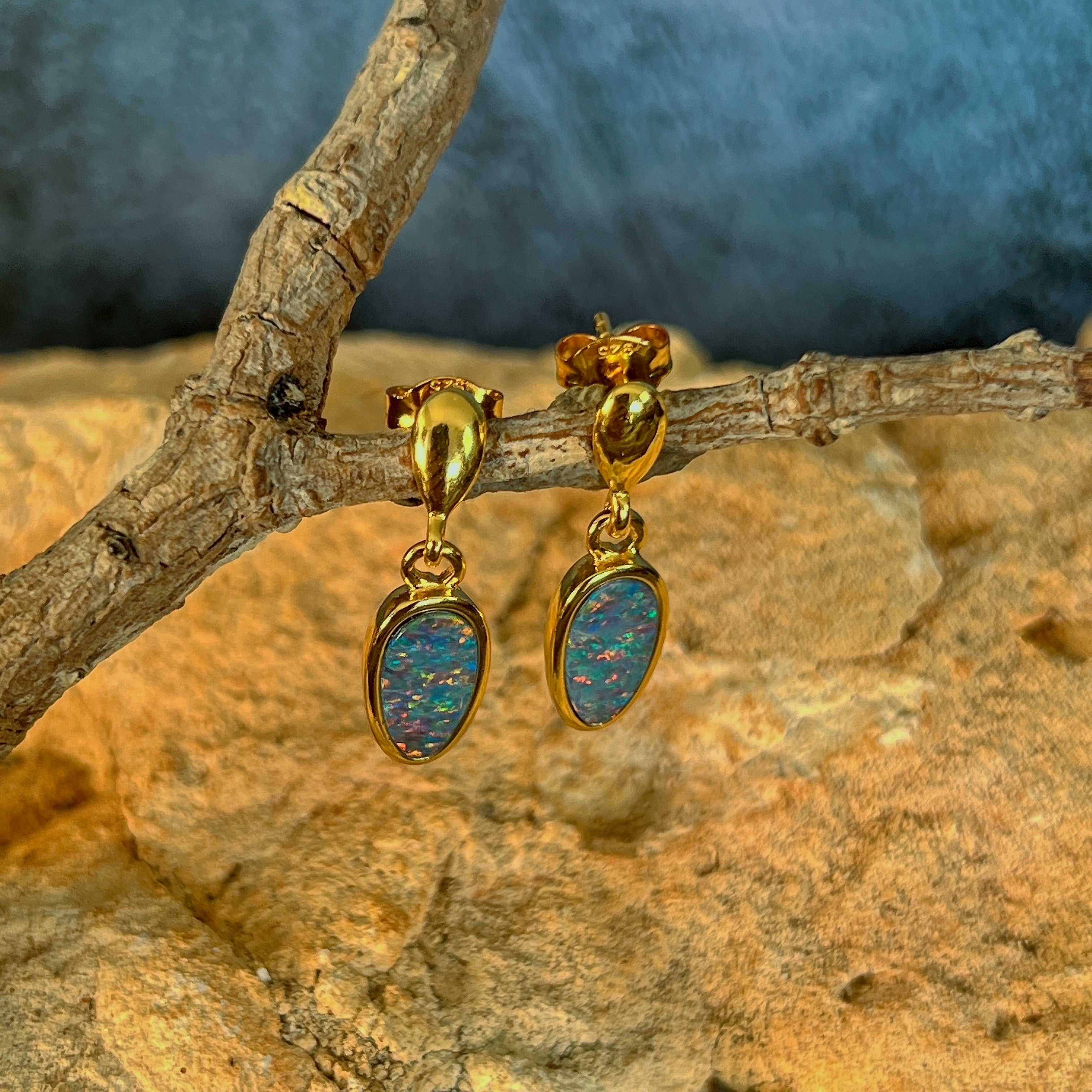 11 x 6mm Australian opal doublet earrings in yellow gold-plated silver, red, pink, blue and green