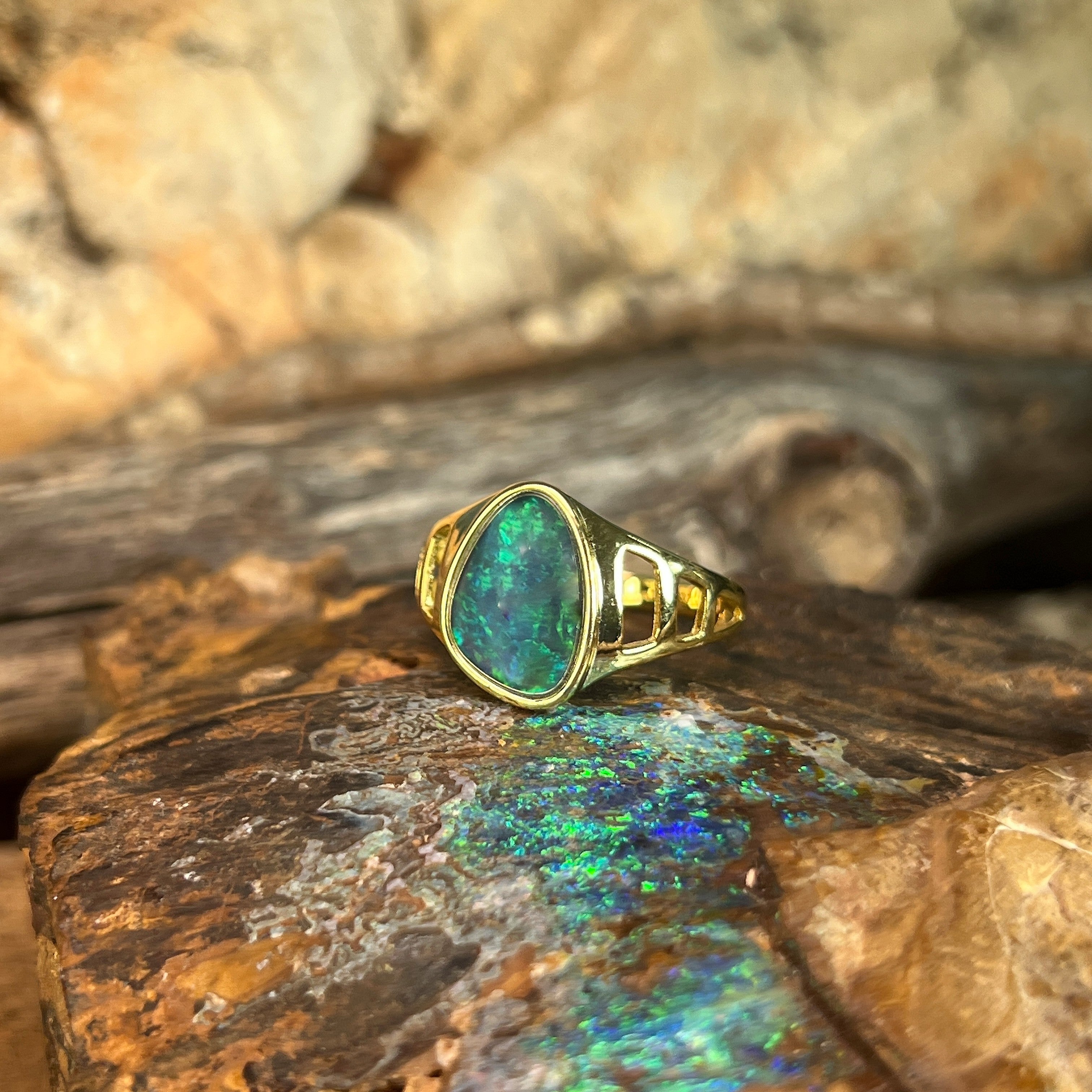 freeform Australian opal triplet ring in yellow gold-plated silver, blue and green play-of-colour