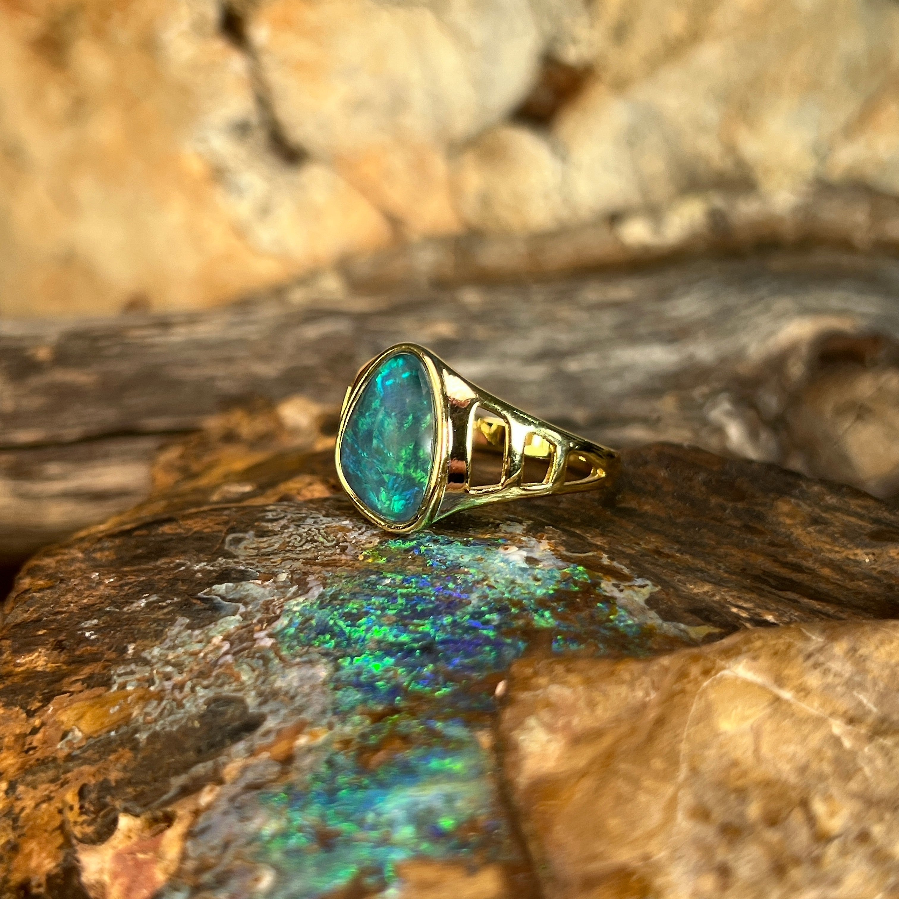 yellow gold-plated silver Australian opal triplet ring with a 12 x 9mm freeform stone