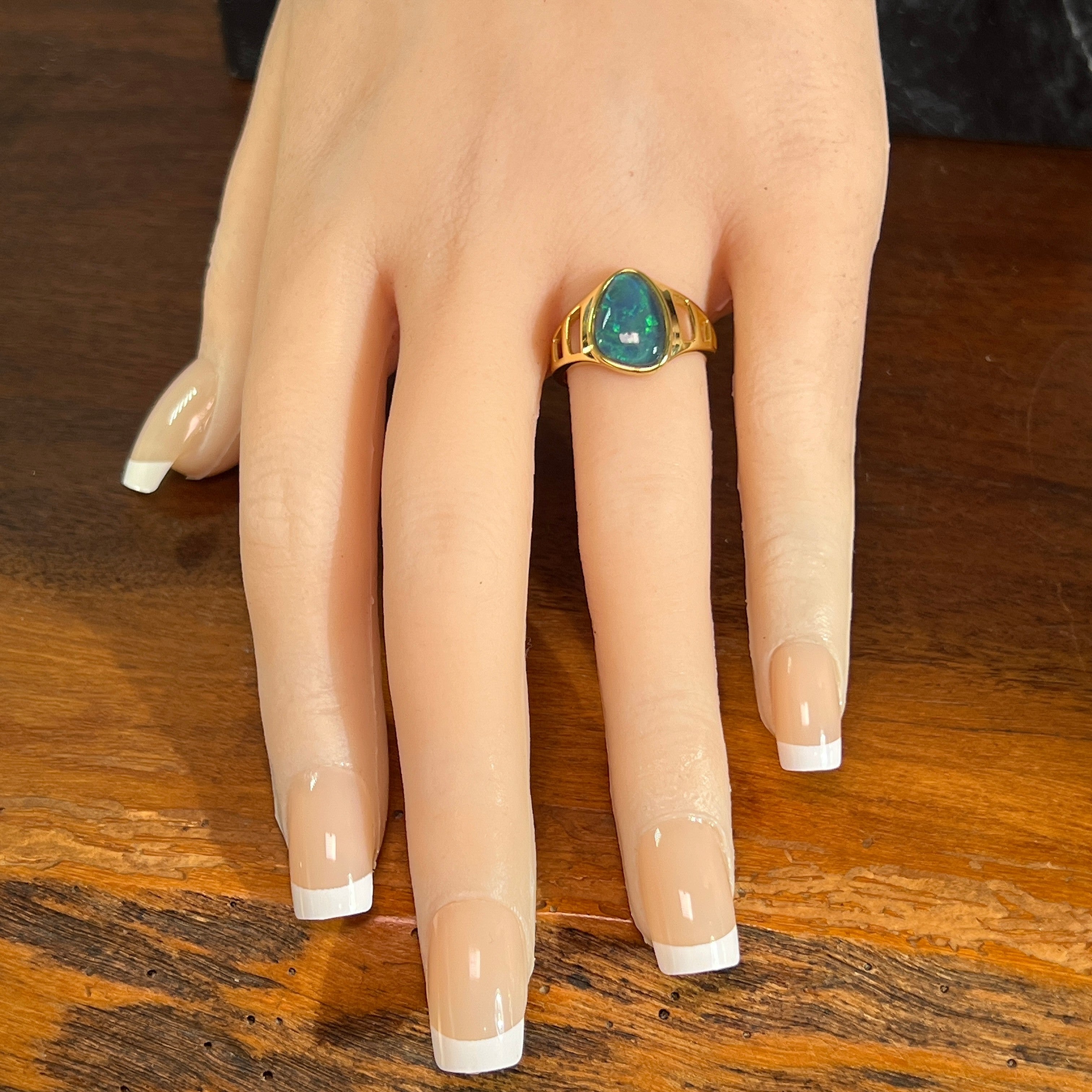 Worn Australian opal triplet ring in yellow gold-plated silver, blue and green, 12 x 9mm