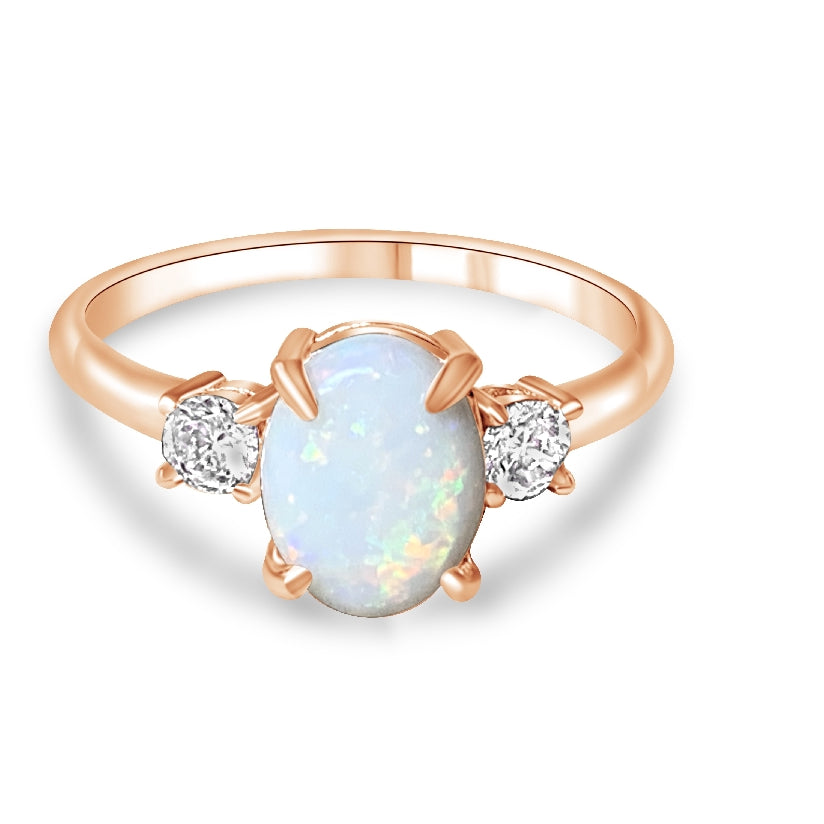 Rose Gold Plated Sterling SIlver 10x8mm White Opal ring trilogy - Masterpiece Jewellery Opal & Gems Sydney Australia | Online Shop