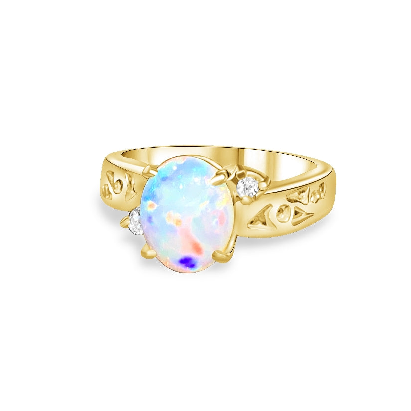 18kt Yellow Gold White Opal and Diamond ring - Masterpiece Jewellery Opal & Gems Sydney Australia | Online Shop
