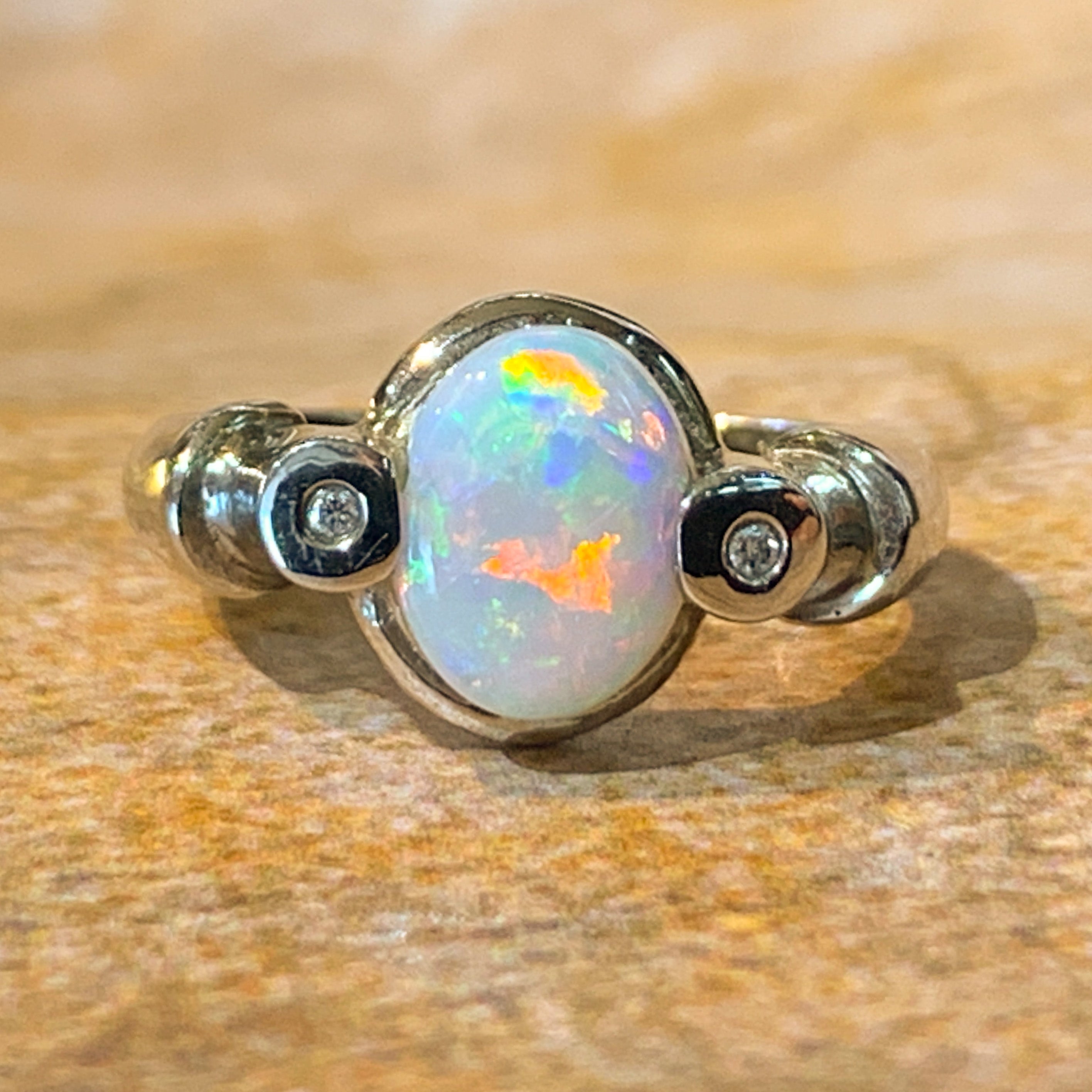 18kt White Gold Crystal Opal 9x7mm and 2 Diamond ring - Masterpiece Jewellery Opal & Gems Sydney Australia | Online Shop