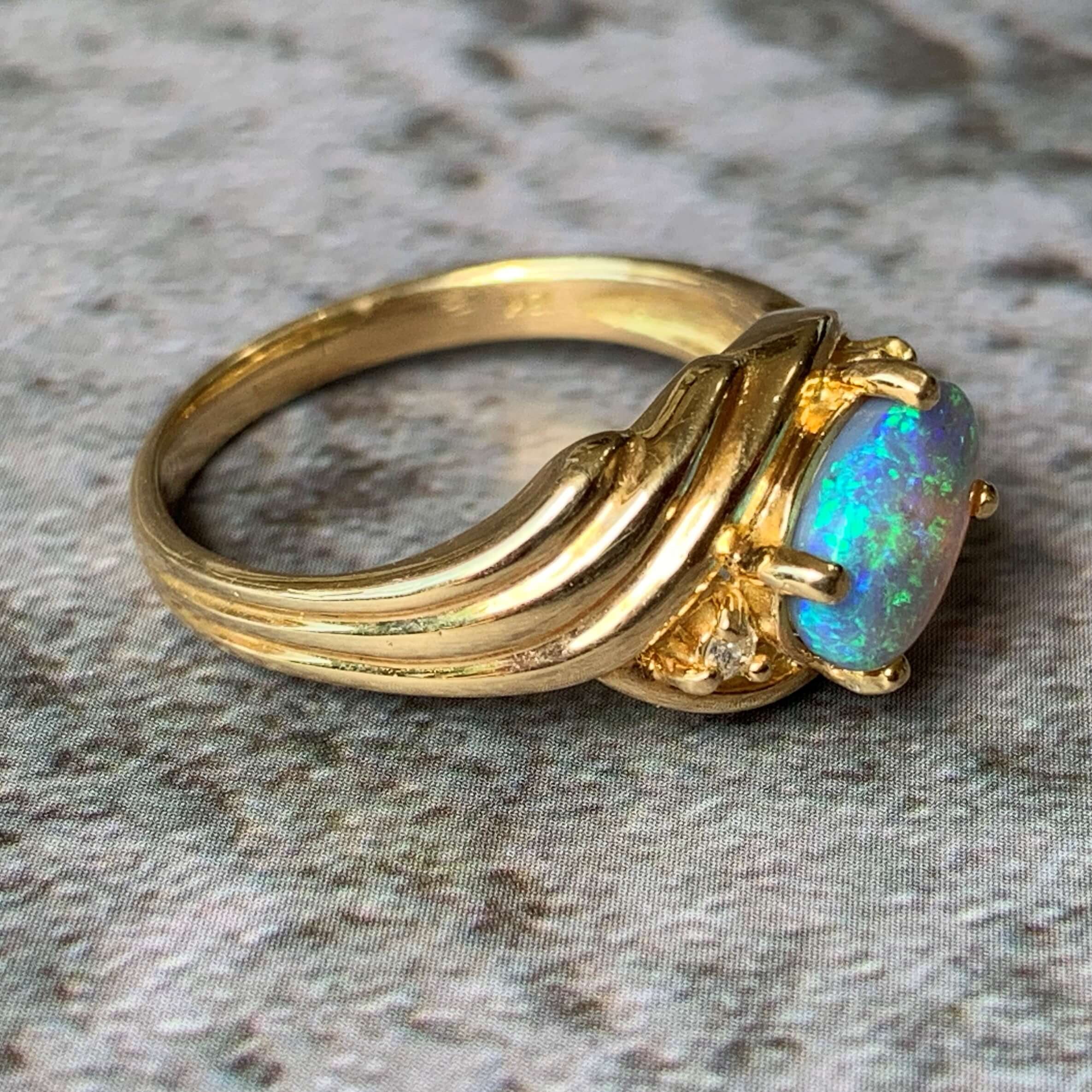 18kt Yellow Gold Black Opal and Diamond slanted ring - Masterpiece Jewellery Opal & Gems Sydney Australia | Online Shop