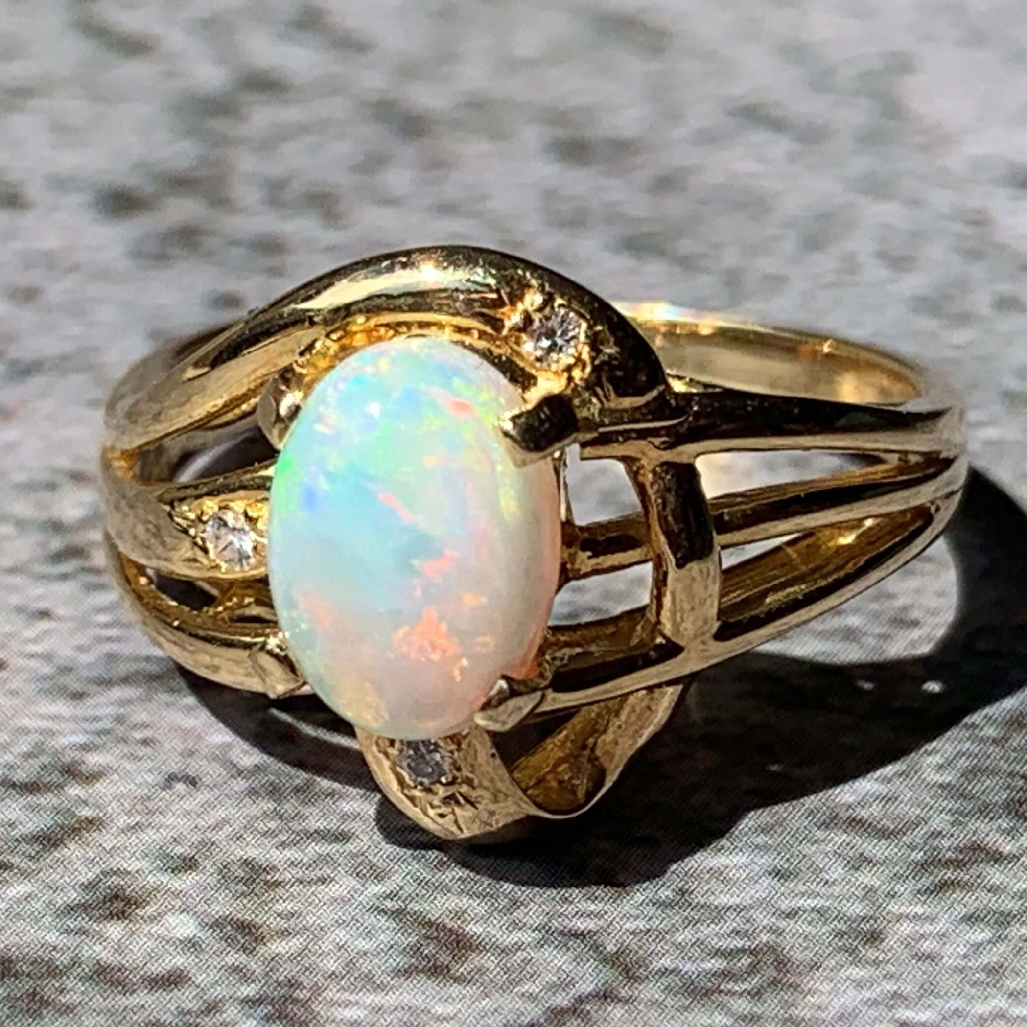 18kt Yellow Gold swirl Opal and Diamond ring - Masterpiece Jewellery Opal & Gems Sydney Australia | Online Shop