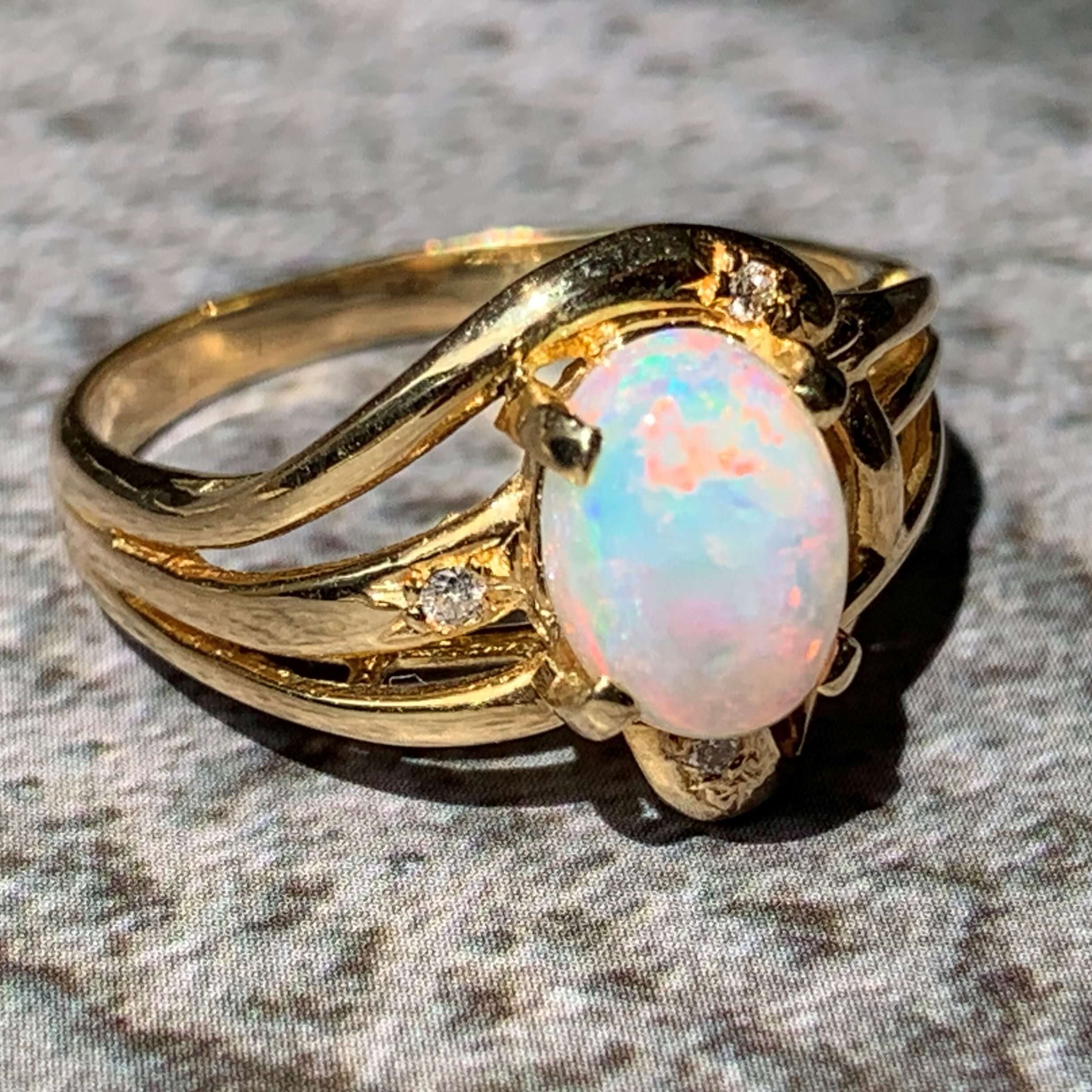 18kt Yellow Gold swirl Opal and Diamond ring - Masterpiece Jewellery Opal & Gems Sydney Australia | Online Shop