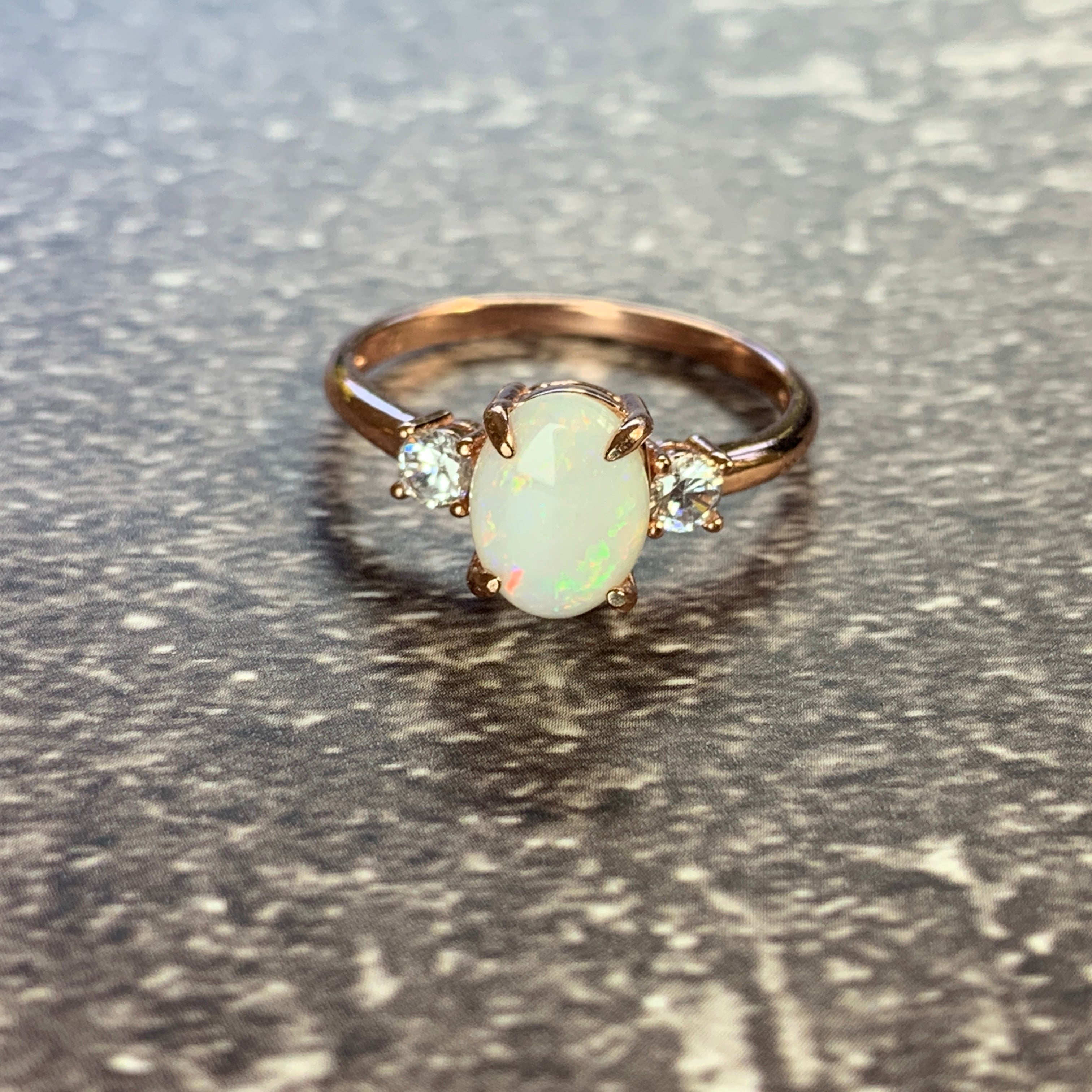 Rose Gold Plated Sterling SIlver 10x8mm White Opal ring trilogy - Masterpiece Jewellery Opal & Gems Sydney Australia | Online Shop