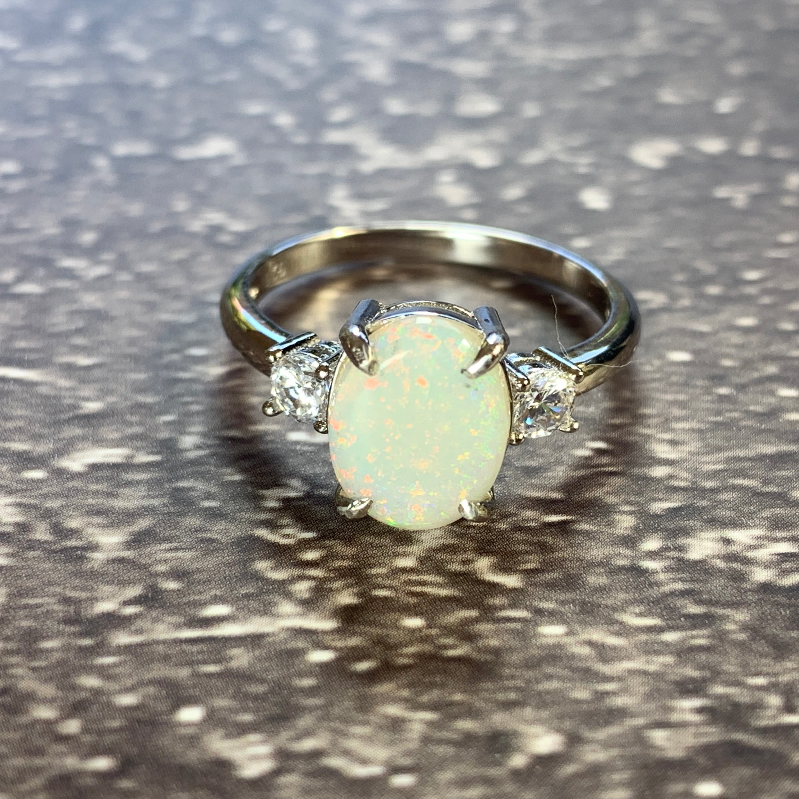 Sterling Silver 10x8mm White Opal trilogy ring - Masterpiece Jewellery Opal & Gems Sydney Australia | Online Shop