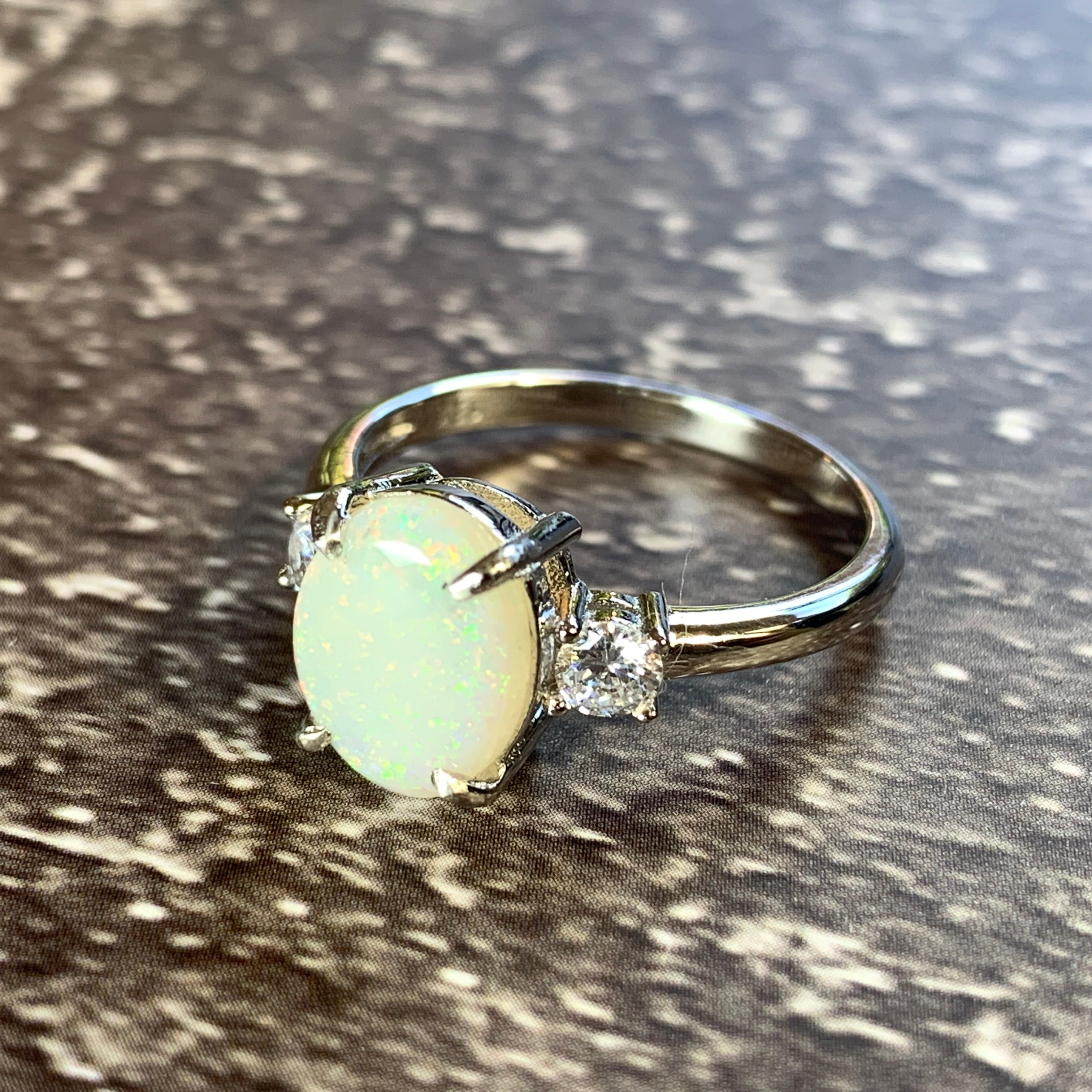 Sterling Silver 10x8mm White Opal trilogy ring - Masterpiece Jewellery Opal & Gems Sydney Australia | Online Shop