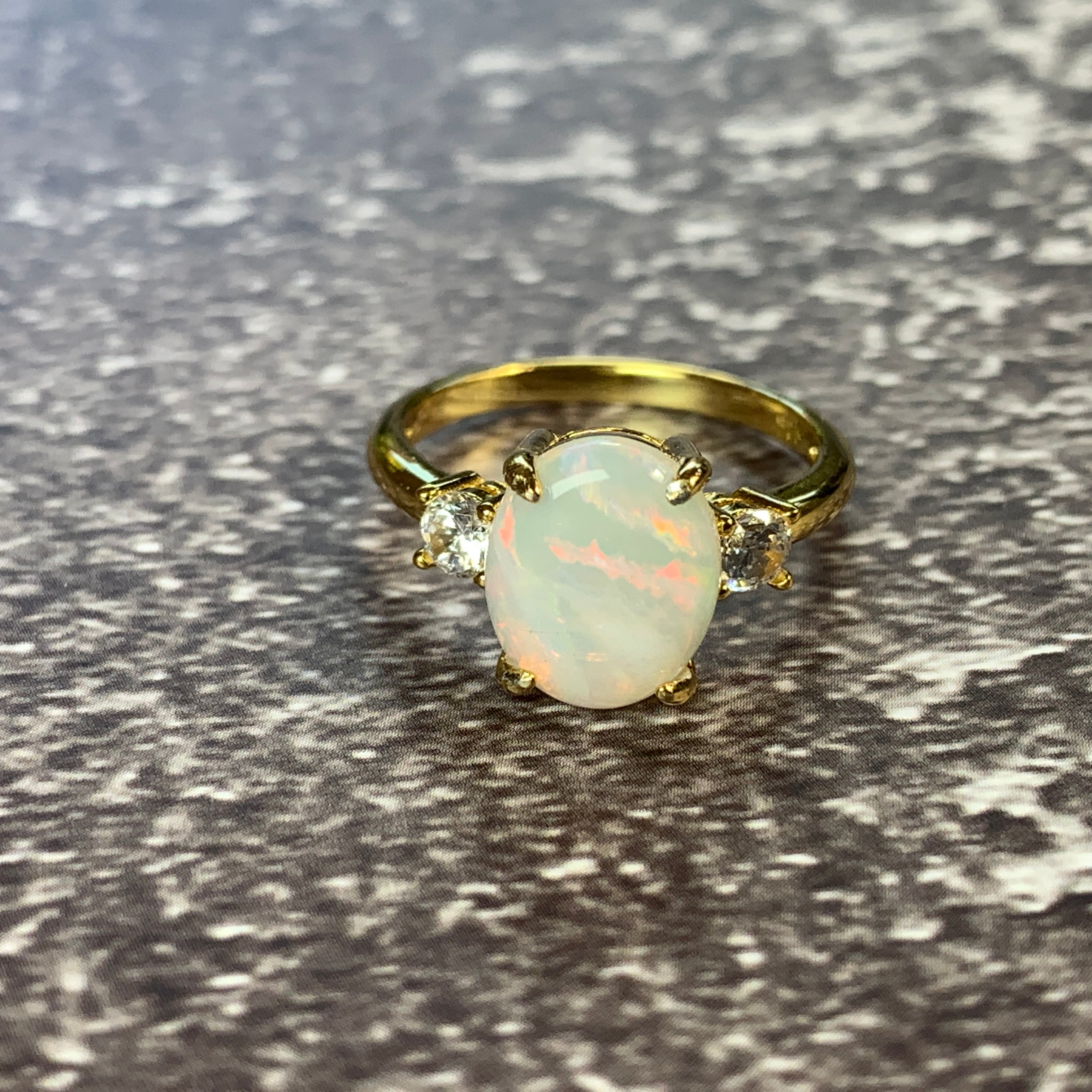 Gold plated sterling silver White Opal 10x8mm trilogy ring - Masterpiece Jewellery Opal & Gems Sydney Australia | Online Shop