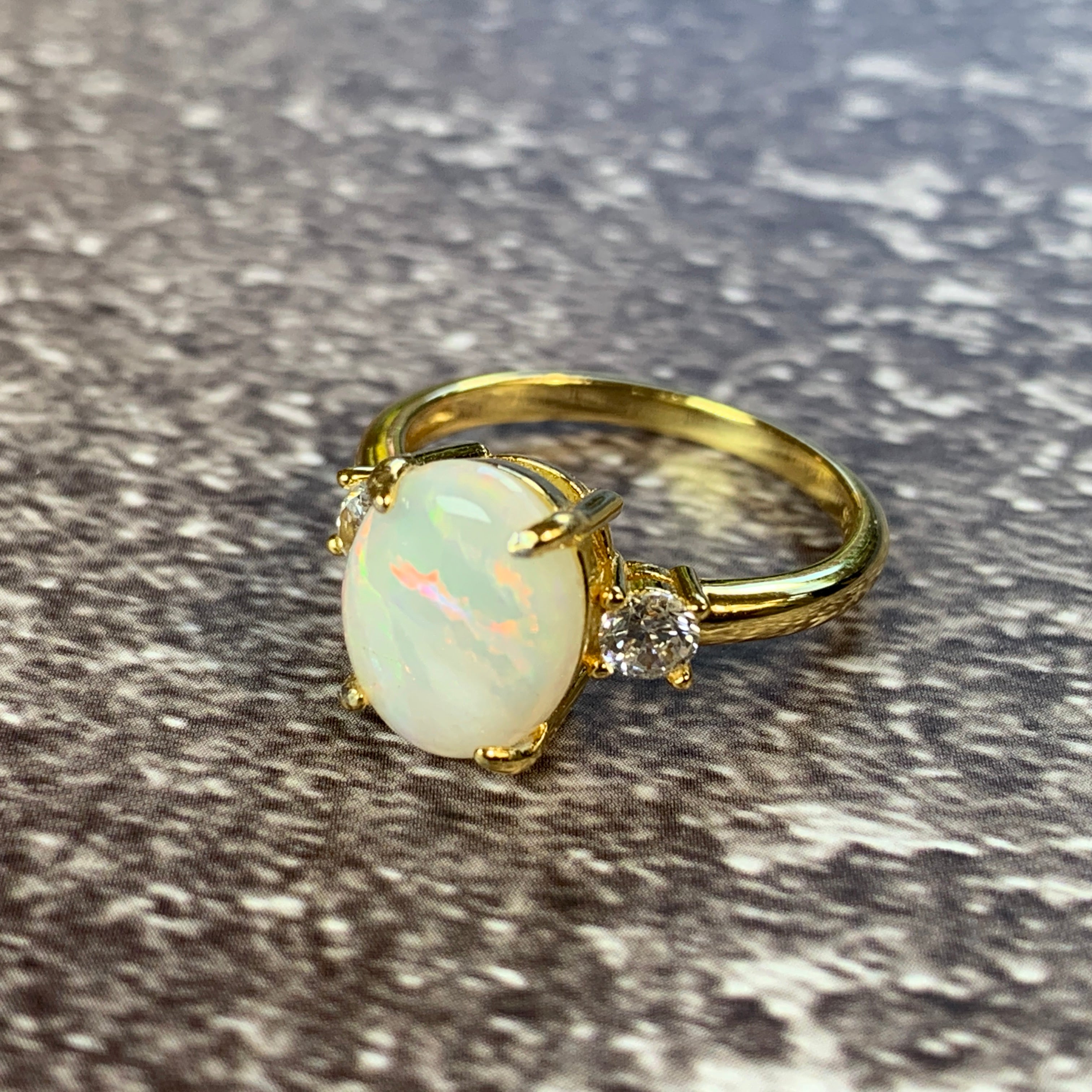 Gold plated sterling silver White Opal 10x8mm trilogy ring - Masterpiece Jewellery Opal & Gems Sydney Australia | Online Shop