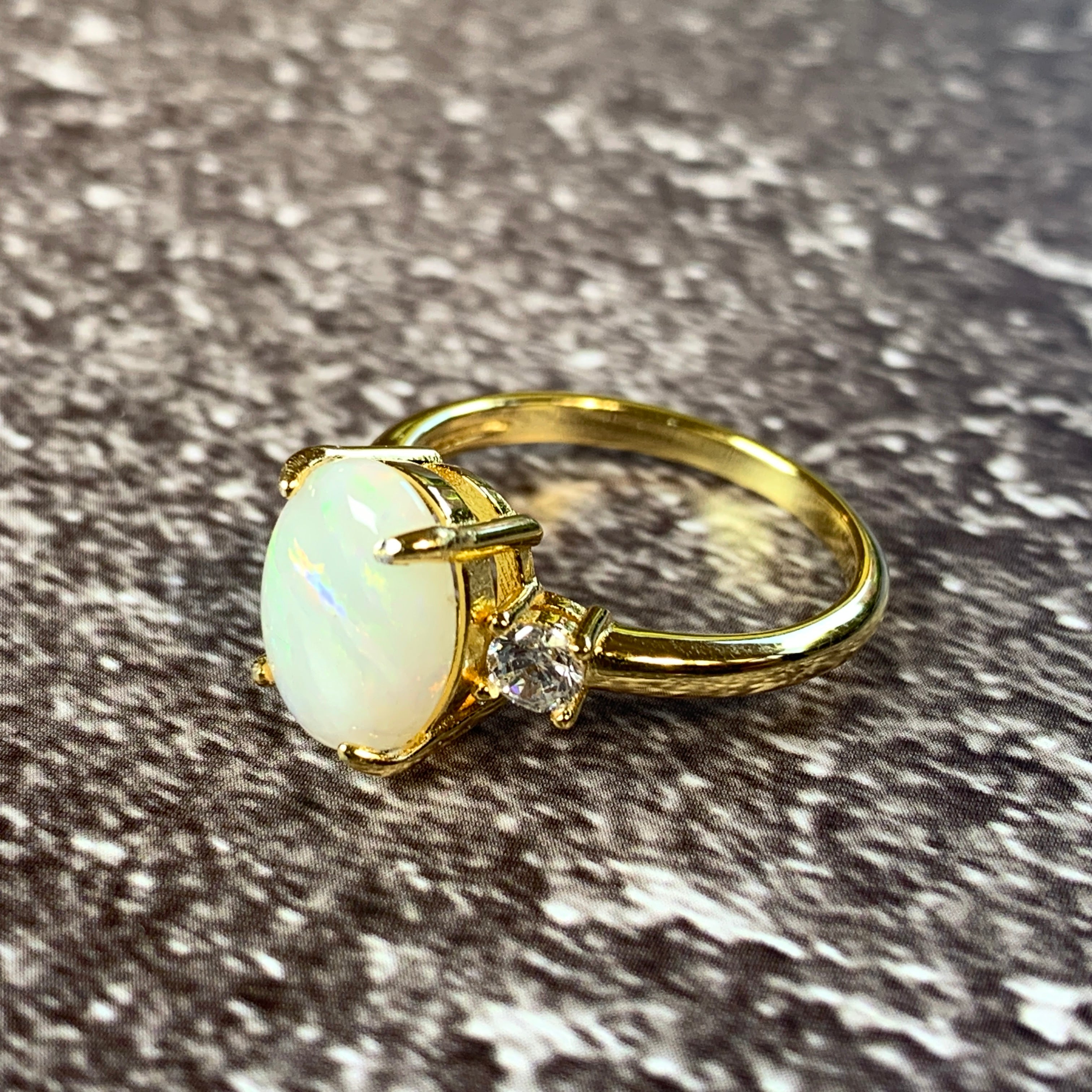 Gold plated sterling silver White Opal 10x8mm trilogy ring - Masterpiece Jewellery Opal & Gems Sydney Australia | Online Shop