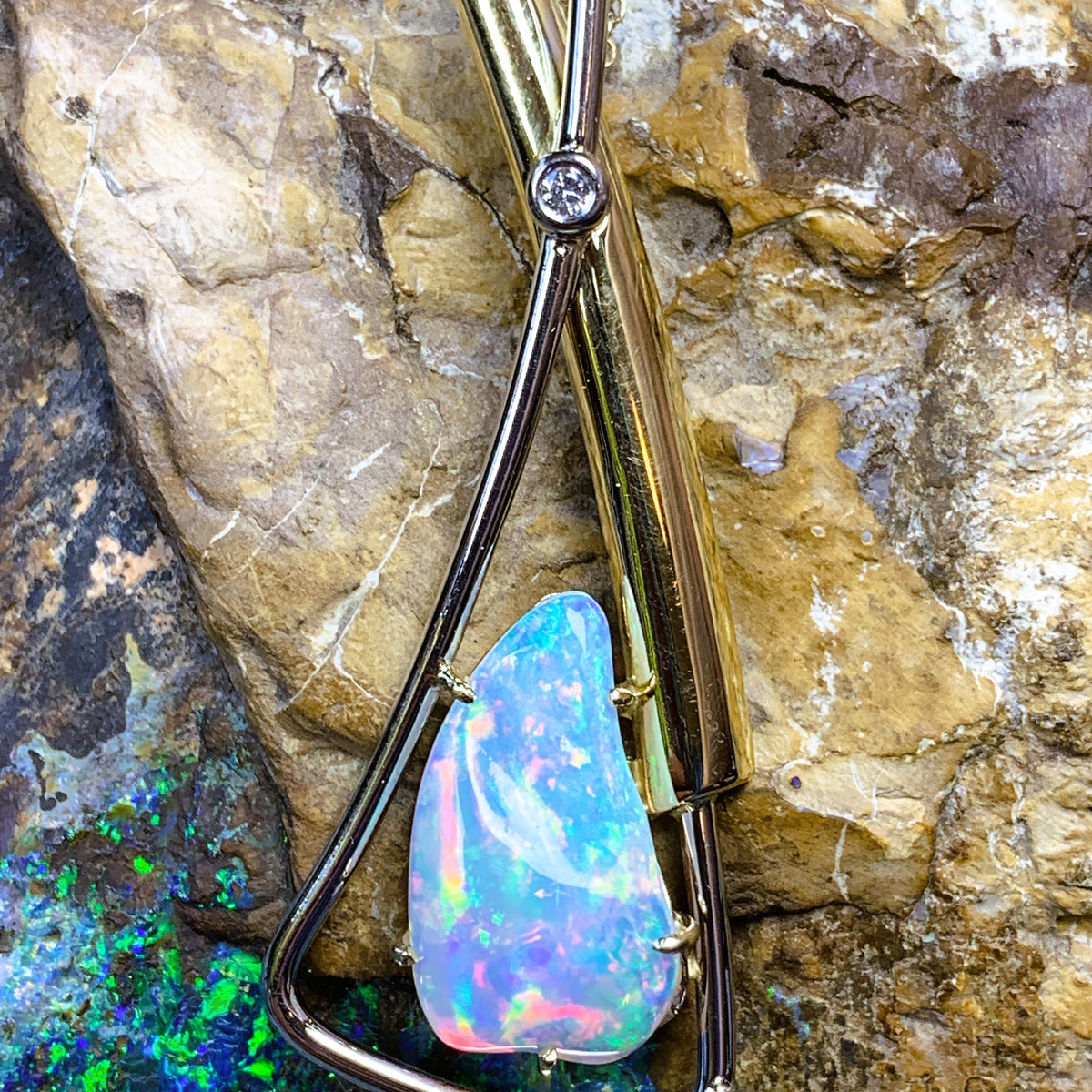 18kt Yellow and White Gold Crystal Opal 4.9ct and 0.2ct Diamonds - Masterpiece Jewellery Opal & Gems Sydney Australia | Online Shop