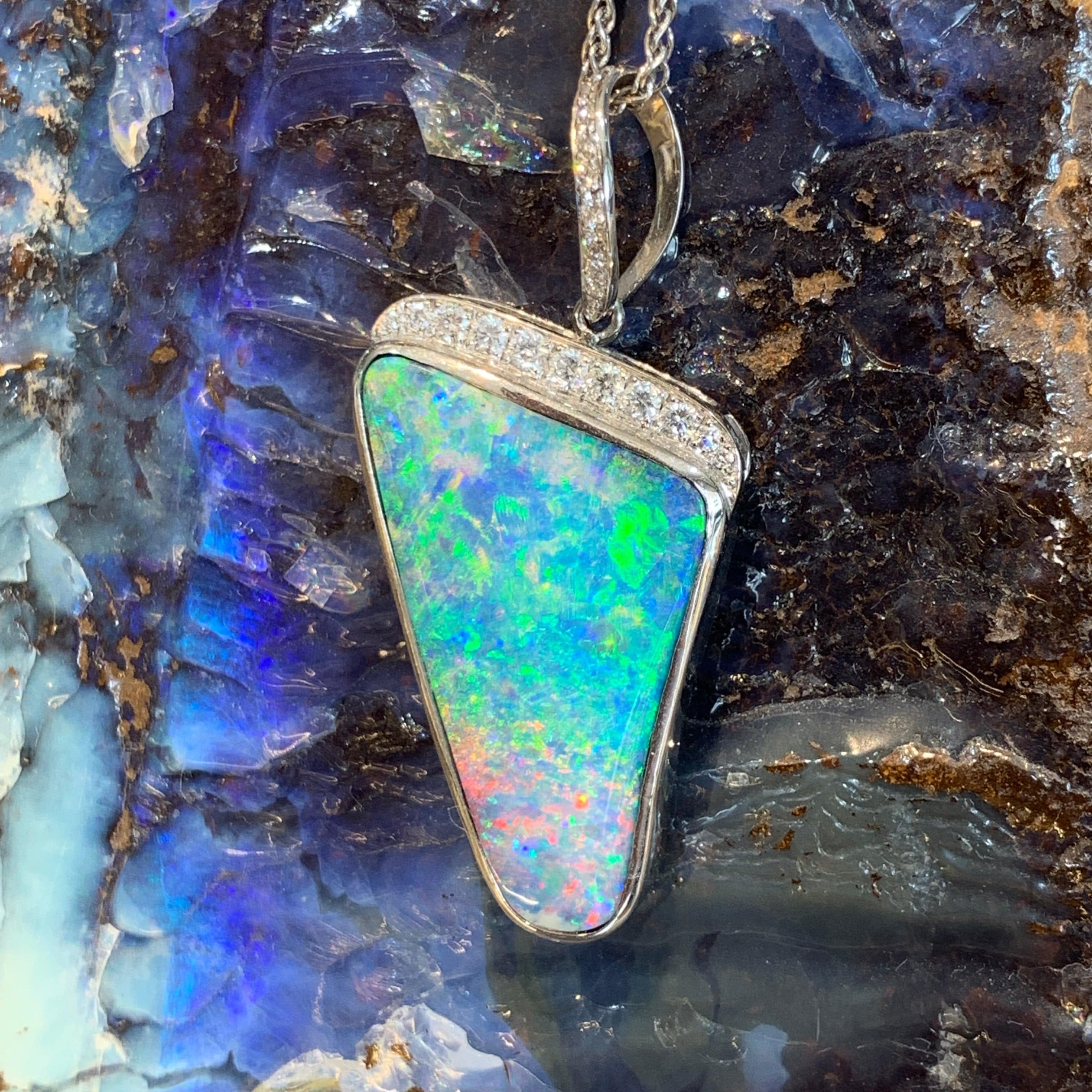 18kt White Gold Boulder Opal and Diamond pendant - Masterpiece Jewellery Opal & Gems Sydney Australia | Online Shop