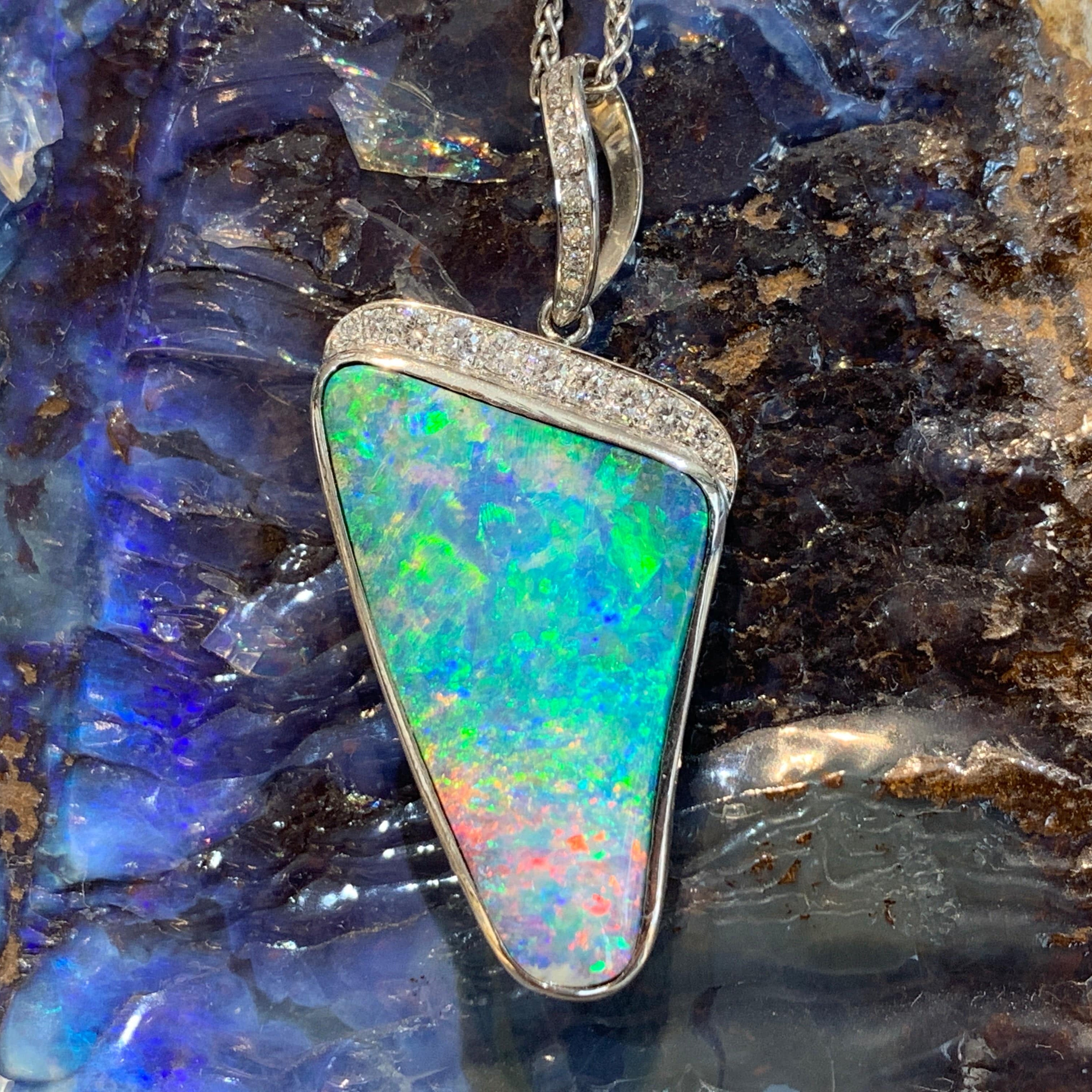 18kt White Gold Boulder Opal and Diamond pendant - Masterpiece Jewellery Opal & Gems Sydney Australia | Online Shop